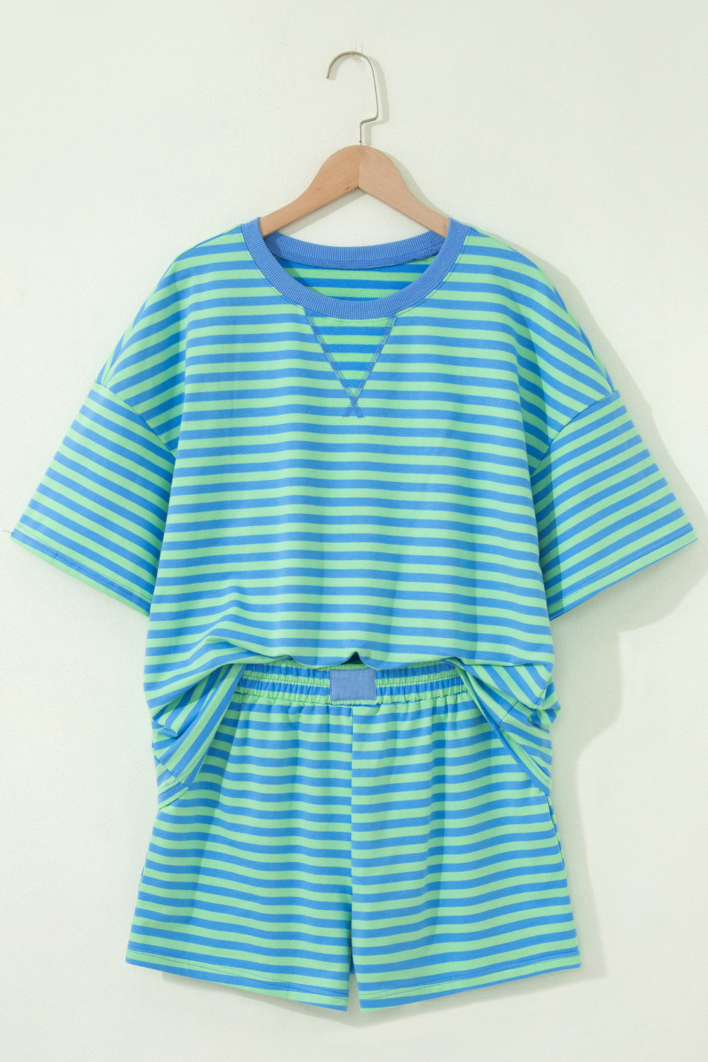 Green Stripe Striped Ribbed Cotton Two-Piece Pant Set with Chest Patch Detail
