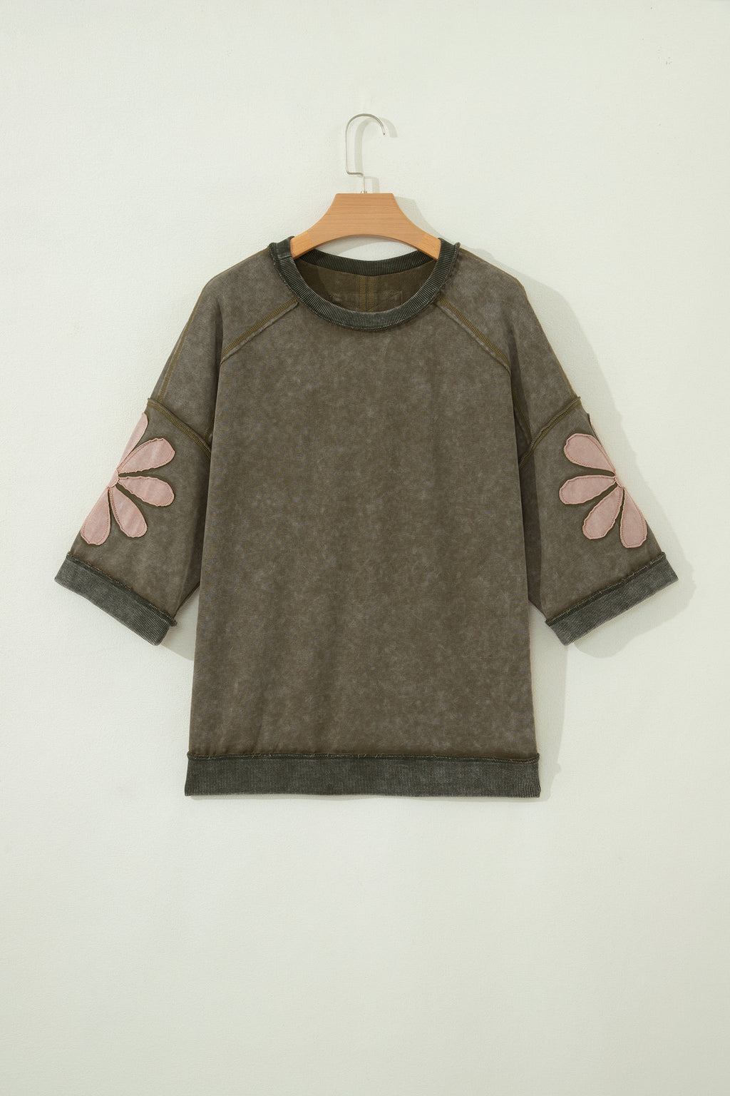Breen Mineral Wash Raw Seam Patchwork Flower Patched 3/4 Sleeve Oversize Top