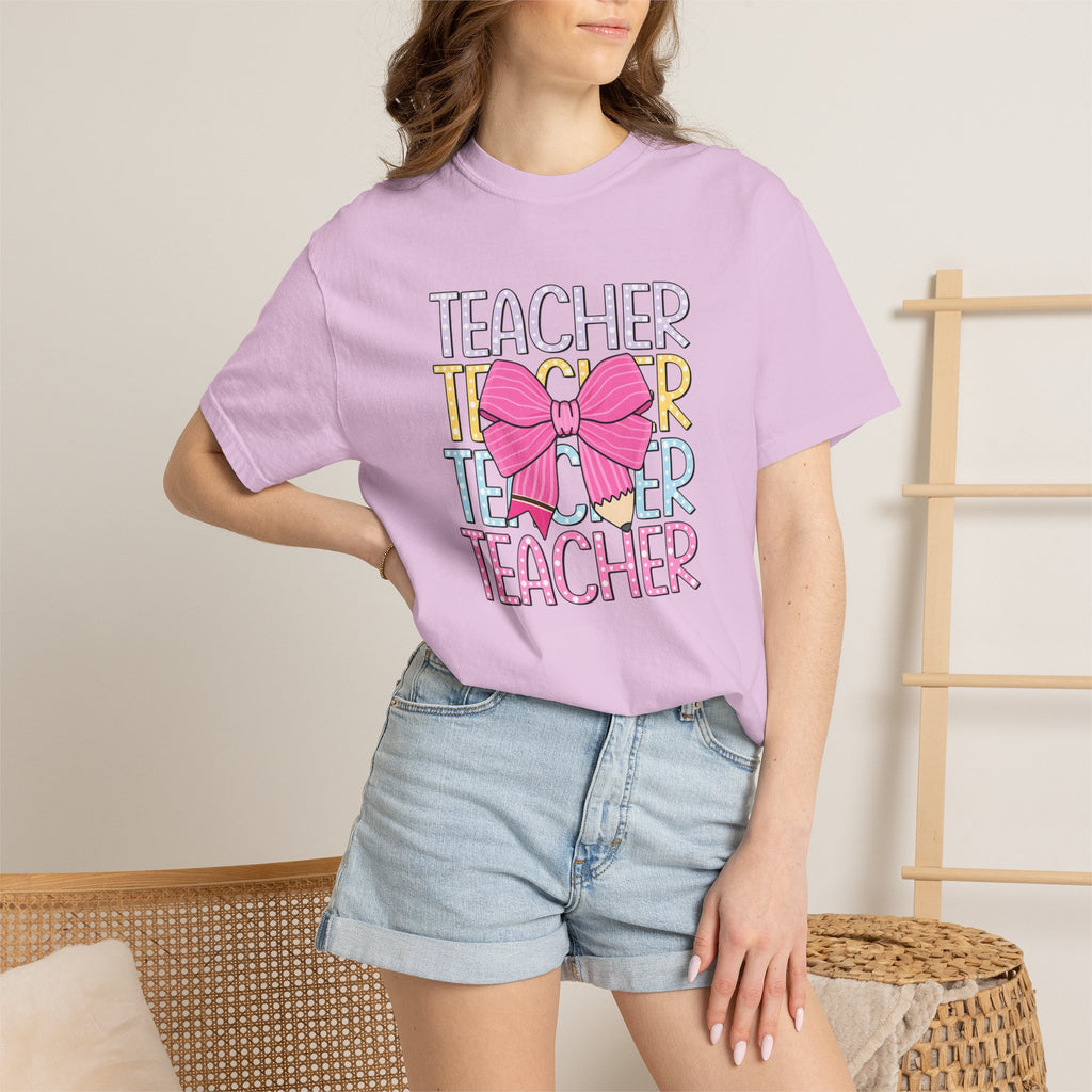 Teacher Stack with Pink Bow T-shirt | Teacher Typography Shirt