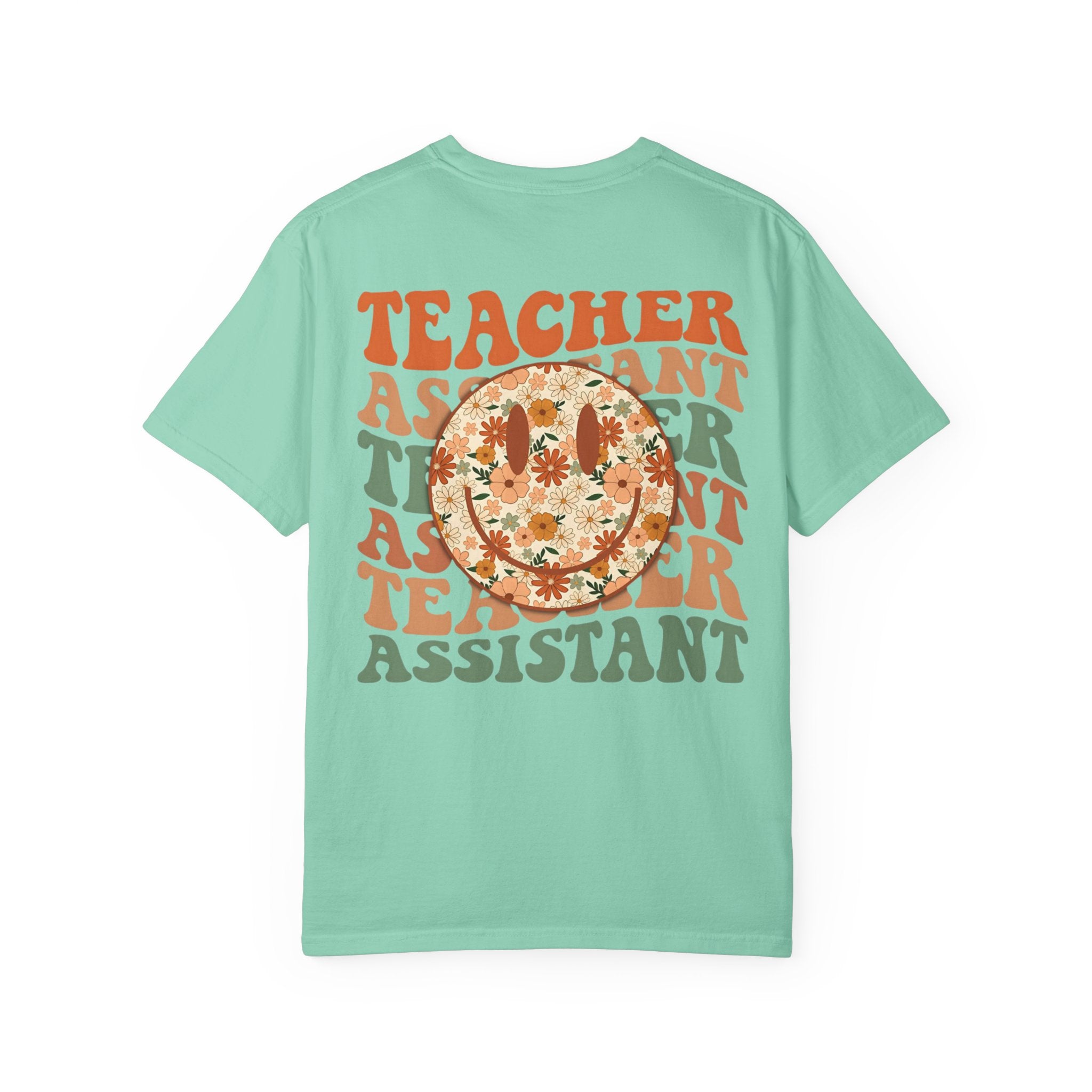 Teacher Assistant Floral Smiley T-Shirt | Retro Typography, Fall Colors