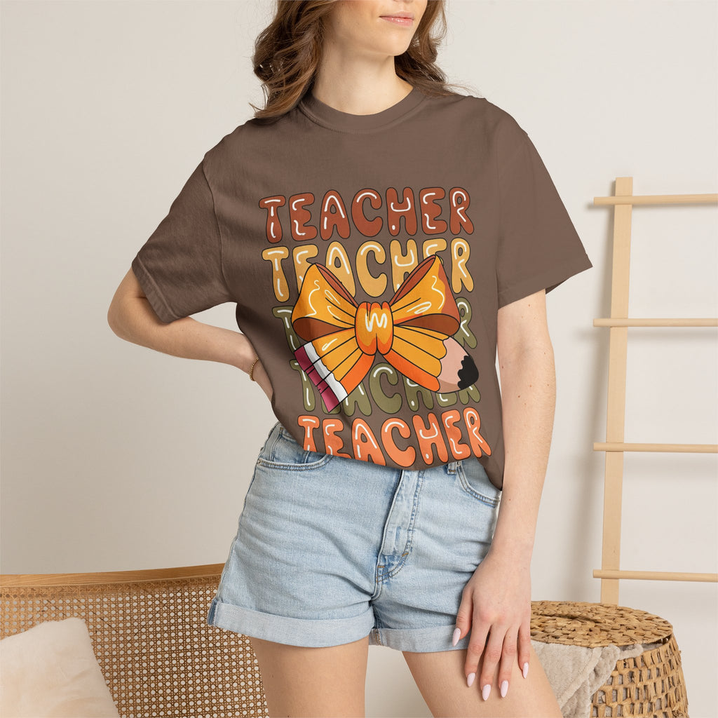 Teacher Bow Graphic T-Shirt — Cute Pencil & Ribbon Teacher Shirt for Educators