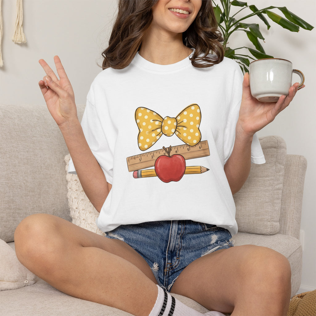 Teacher Apple & Pencil T-Shirt — Cute Polka Dot Bow Back-to-School Tee