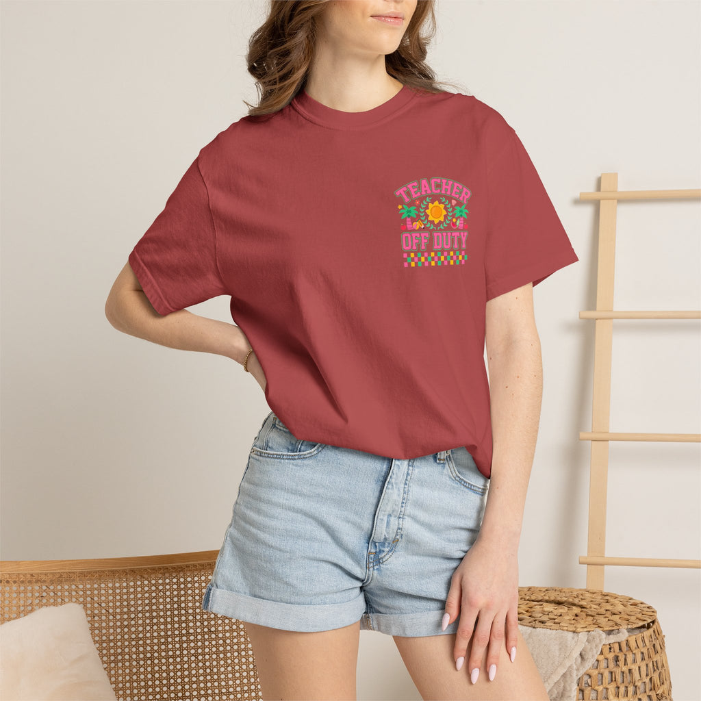 Teacher Off Duty T-Shirt | Beach Sun Palm Trees Retro Checkerboard