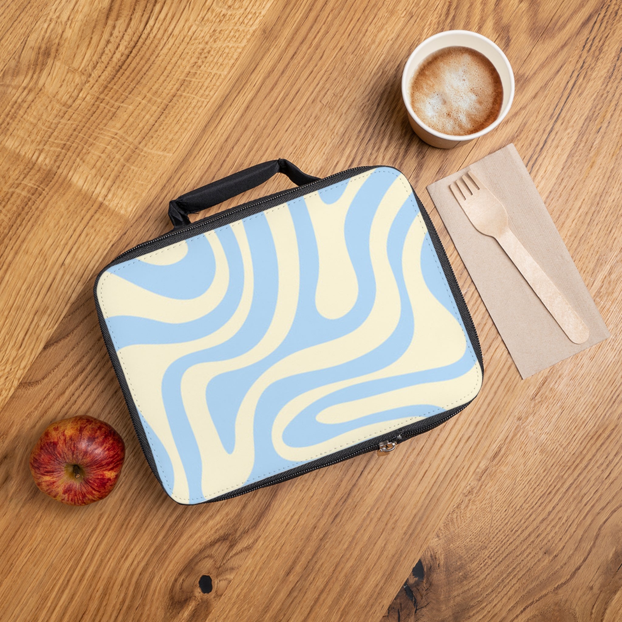 Retro Wavy Blue Lunch Bag — Cute Insulated School & Work Lunchbox