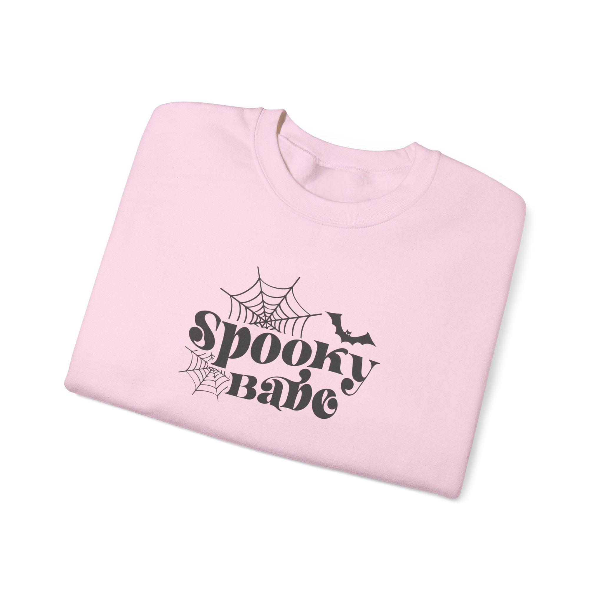 Spooky Babe Crewneck Sweatshirt — Halloween Spiderweb & Bat Graphic