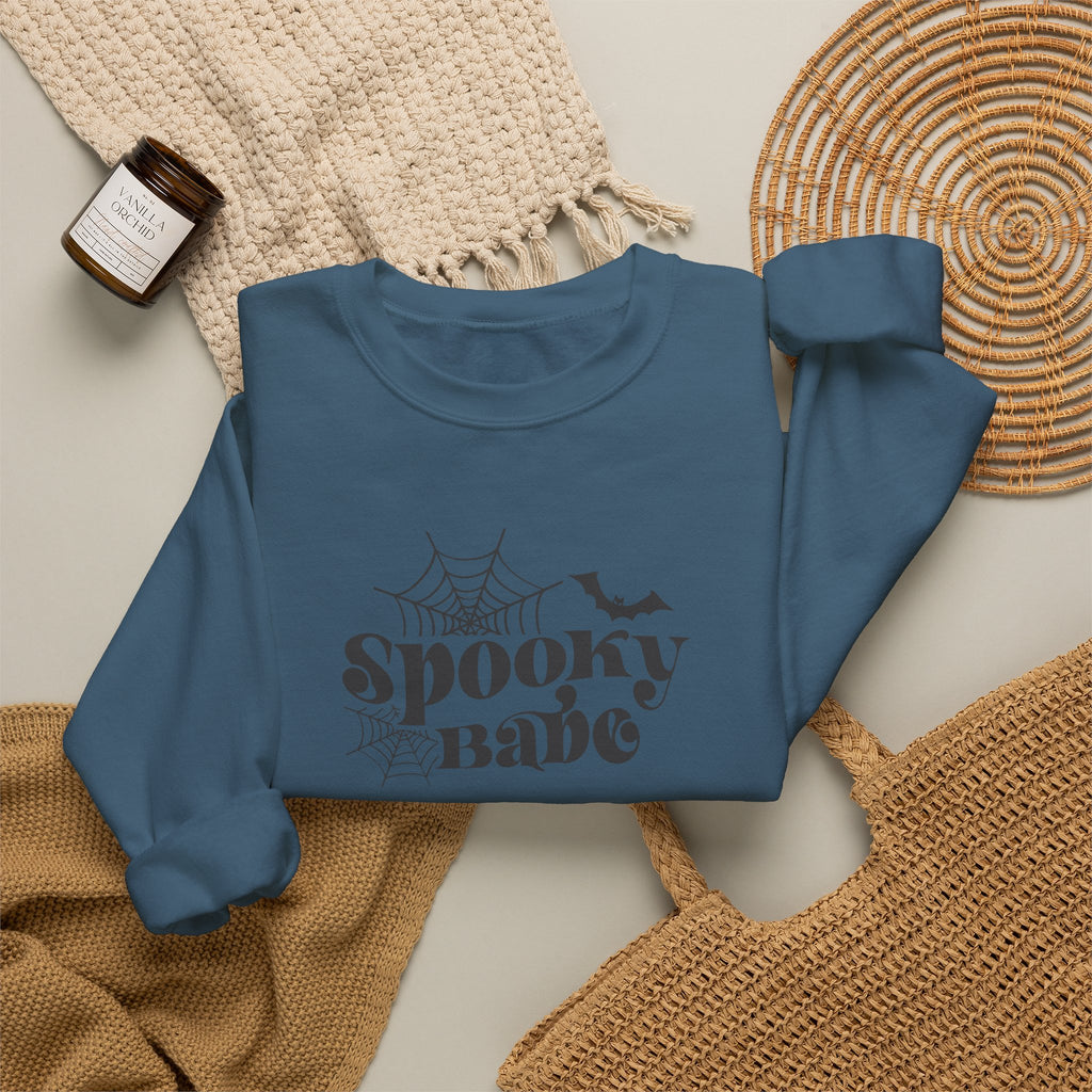 Spooky Babe Crewneck Sweatshirt — Halloween Spiderweb & Bat Graphic
