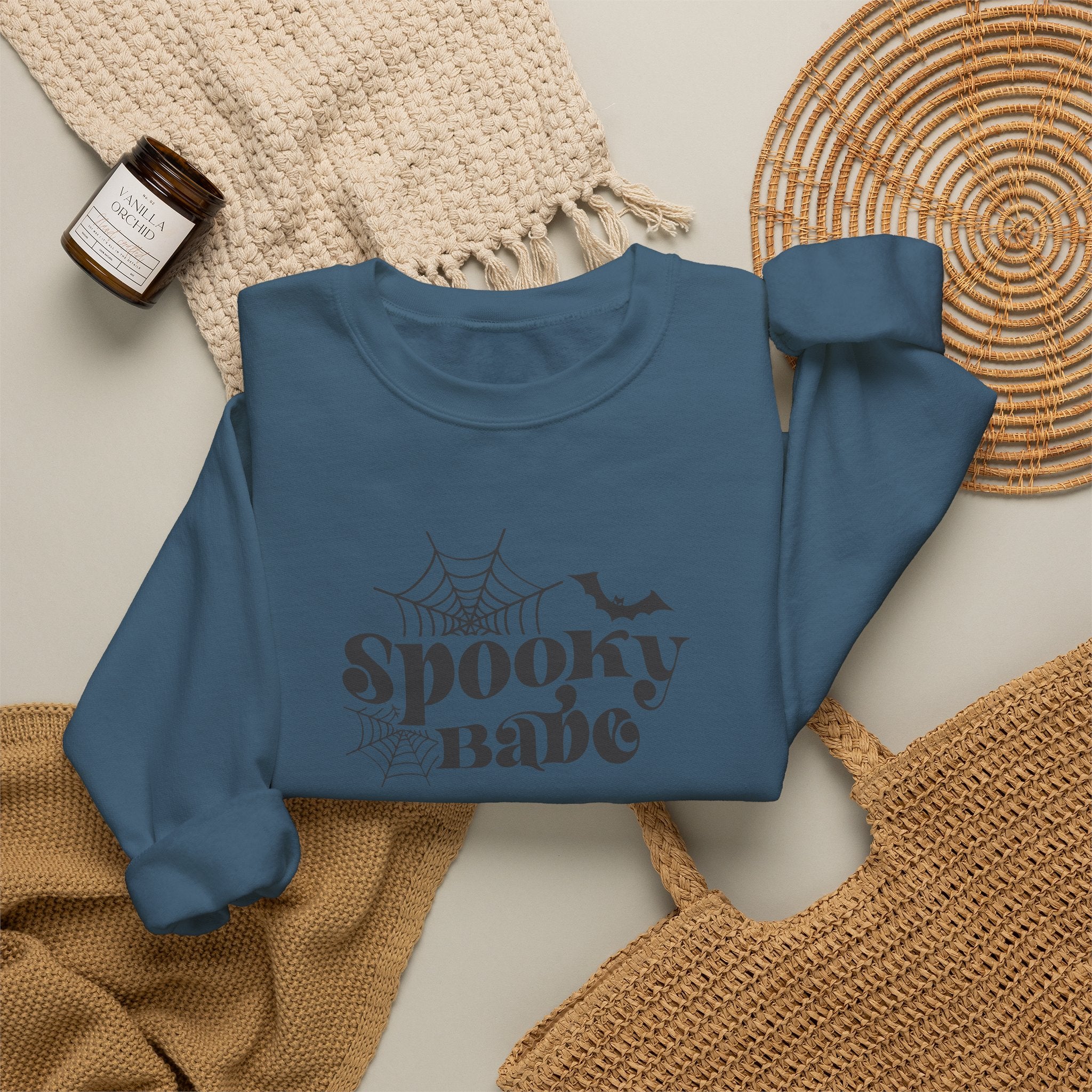 Spooky Babe Crewneck Sweatshirt — Halloween Spiderweb & Bat Graphic