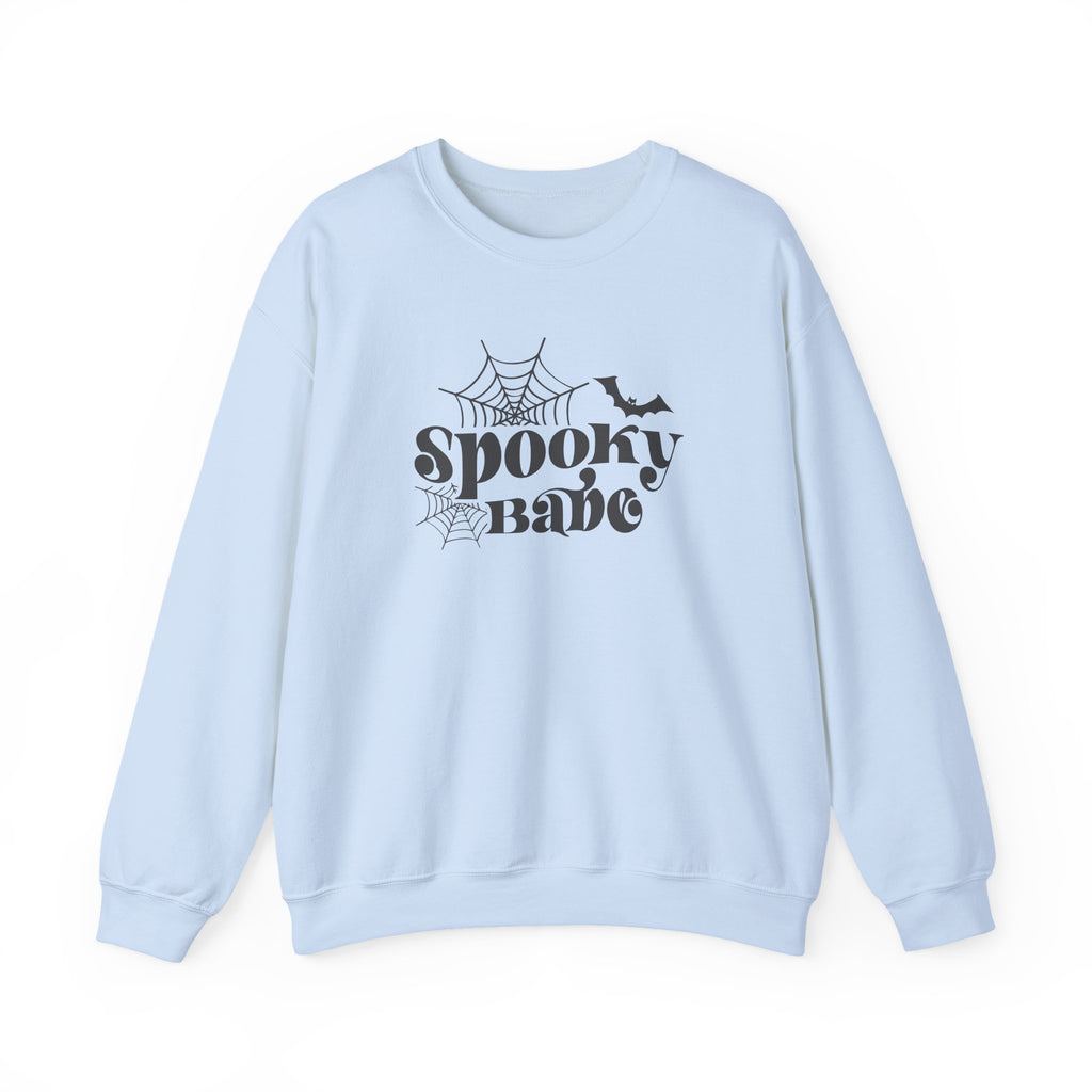 Spooky Babe Sweatshirt — Halloween Spiderweb & Bat Graphic Crewneck
