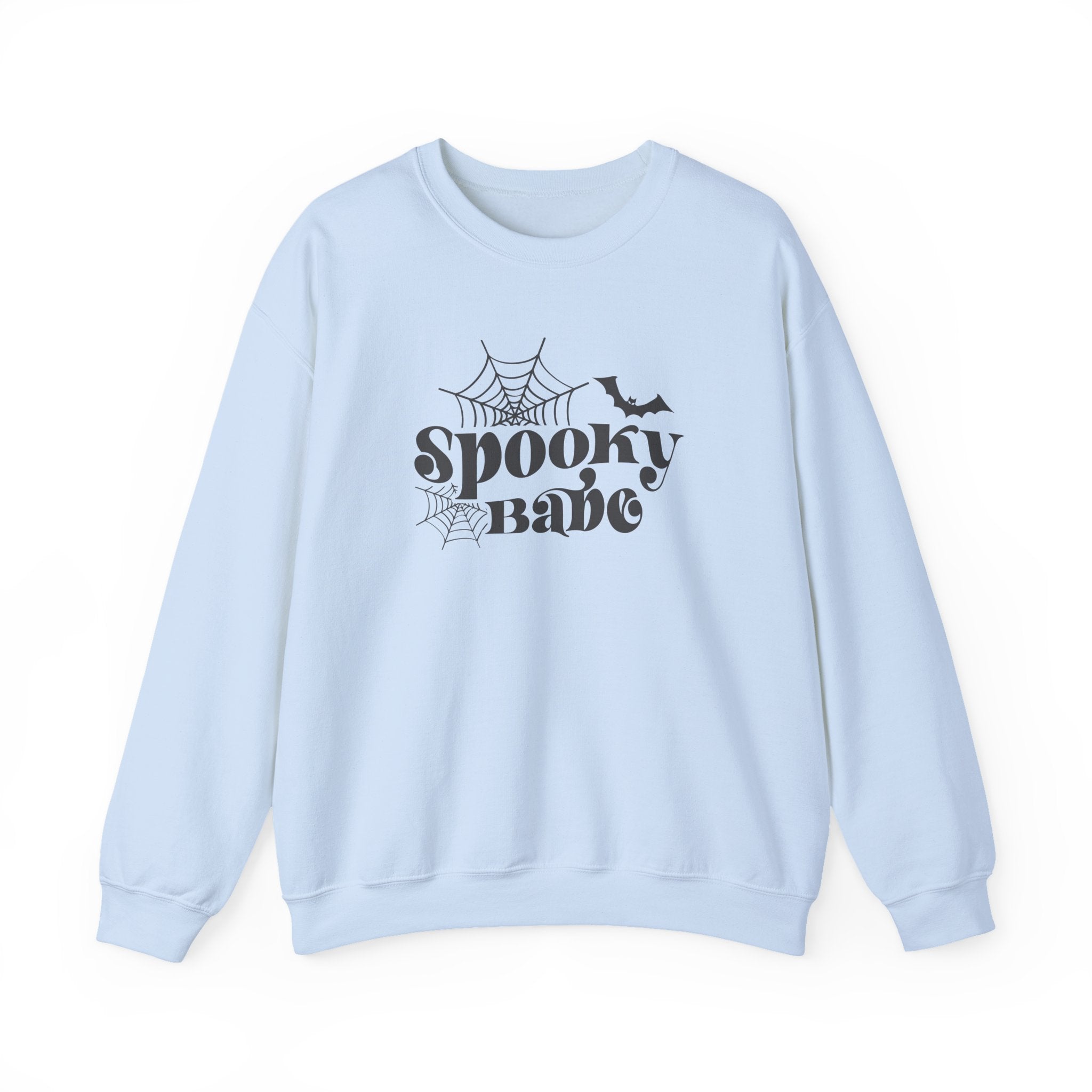 Spooky Babe Sweatshirt — Halloween Spiderweb & Bat Graphic Crewneck