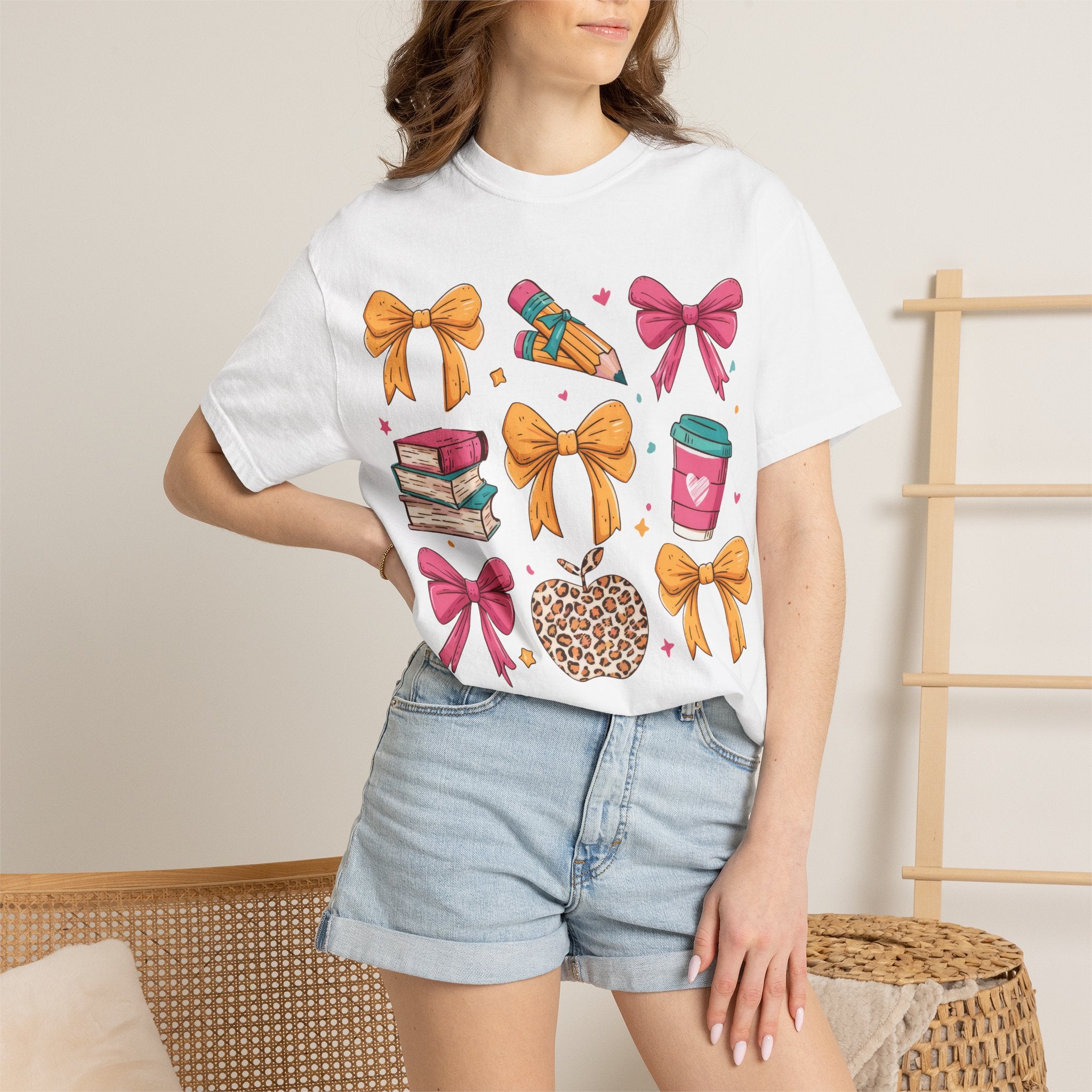 Book Lover Cute Icon Tee — Bows, Coffee & Leopard Apple Graphic T-Shirt