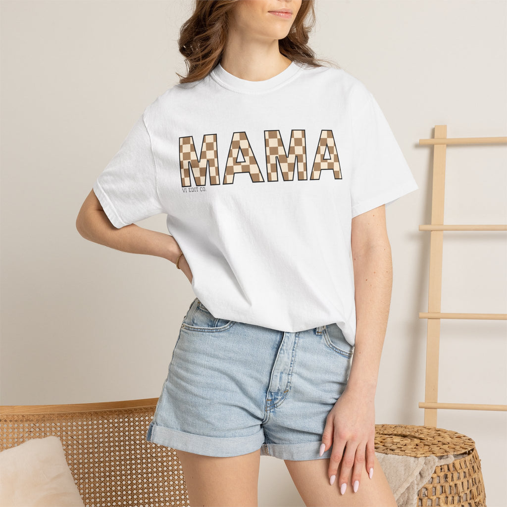 Mama Checkerboard T-Shirt | Mom Typography Tee, Neutral Plaid Letters