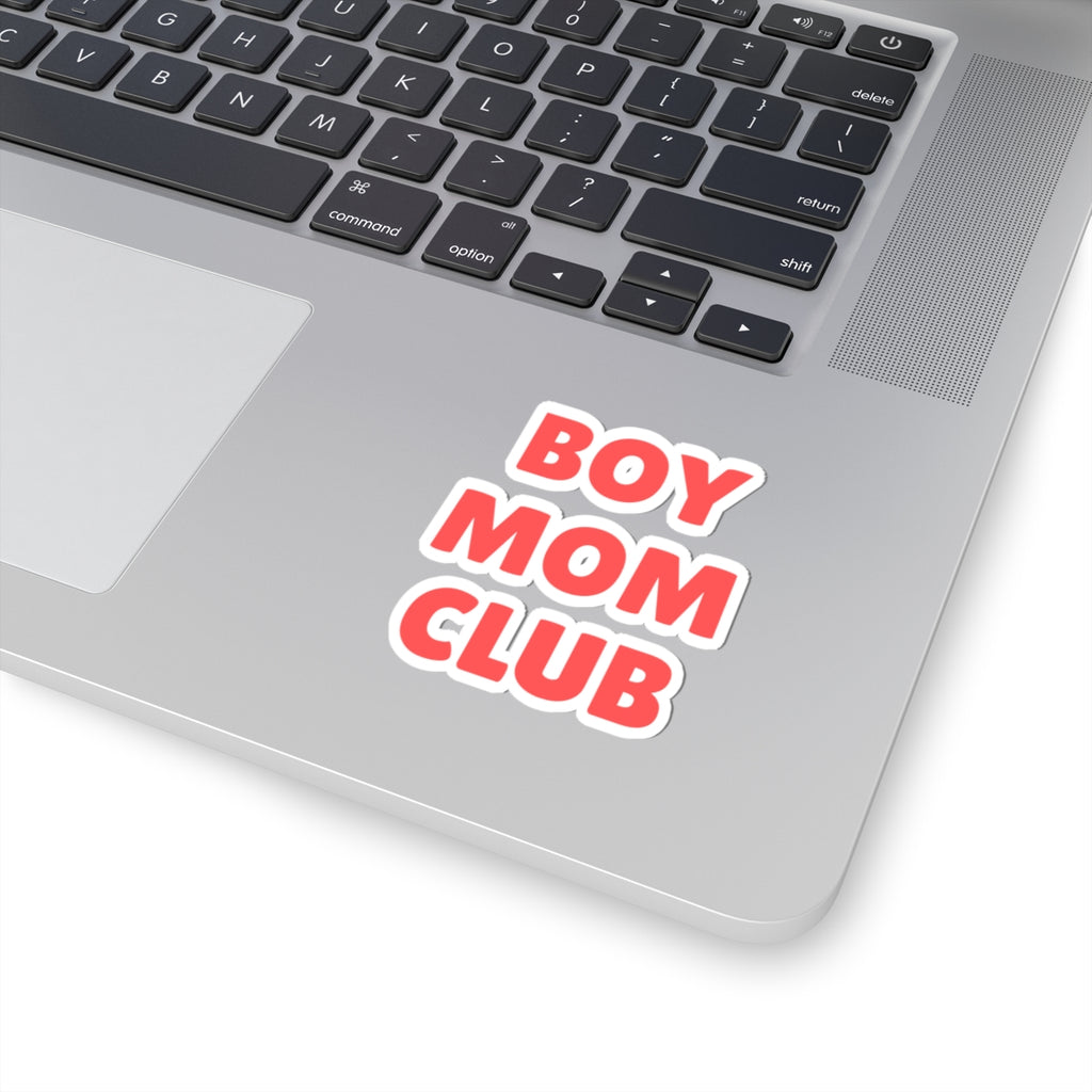 Boy Mom Club Kiss-Cut Sticker — Red Bold Text Laptop Decal for Mothers of Boys