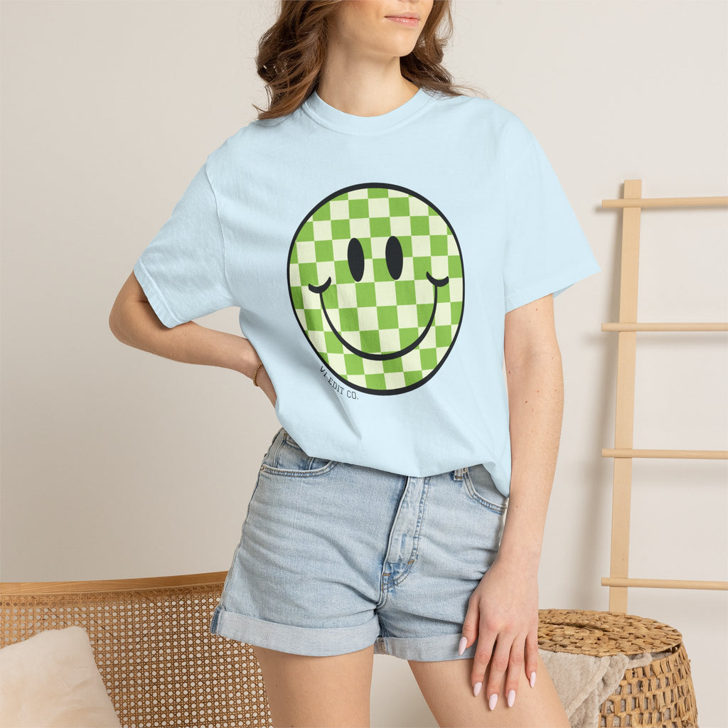 Green Checker Smiley Face T-shirt | Text Back "Just A Mama Who Loves Her Babes"