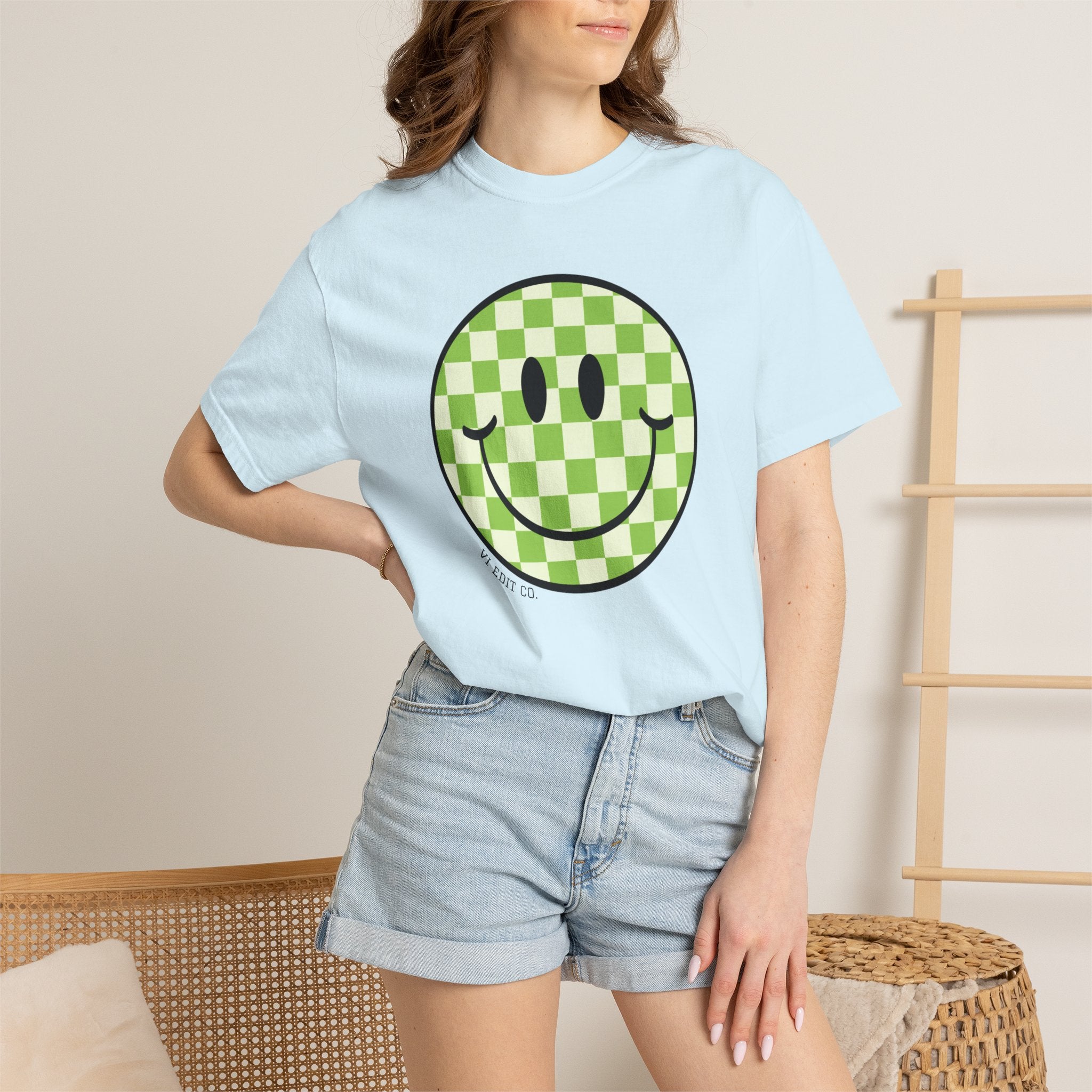 Green Checker Smiley Face T-shirt | Text Back "Just A Mama Who Loves Her Babes"