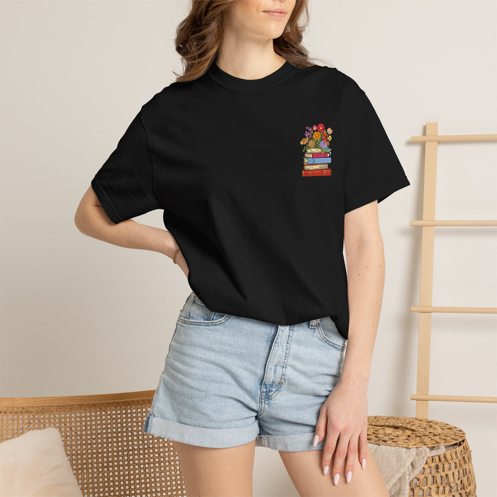 Reading Cozy T-Shirt — Floral Stack of Books Design