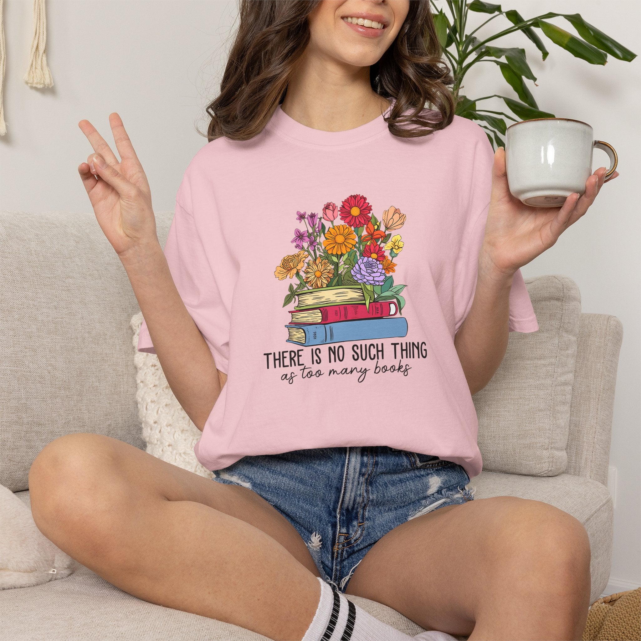 Book Lover T-Shirt — "There Is No Such Thing As Too Many Books" Floral Stack