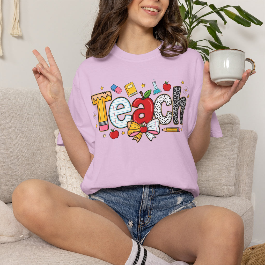 Teach Graphic T-Shirt — Cute School Teacher Gift (Apple, Pencil & Bow Design)