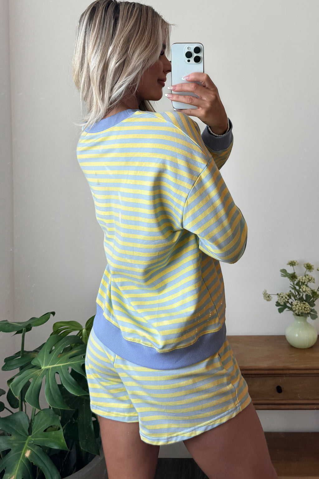 Pink Stripe Color Block Detail Long Sleeve Pullover Elastic Waist Pull On Shorts 2pcs Set