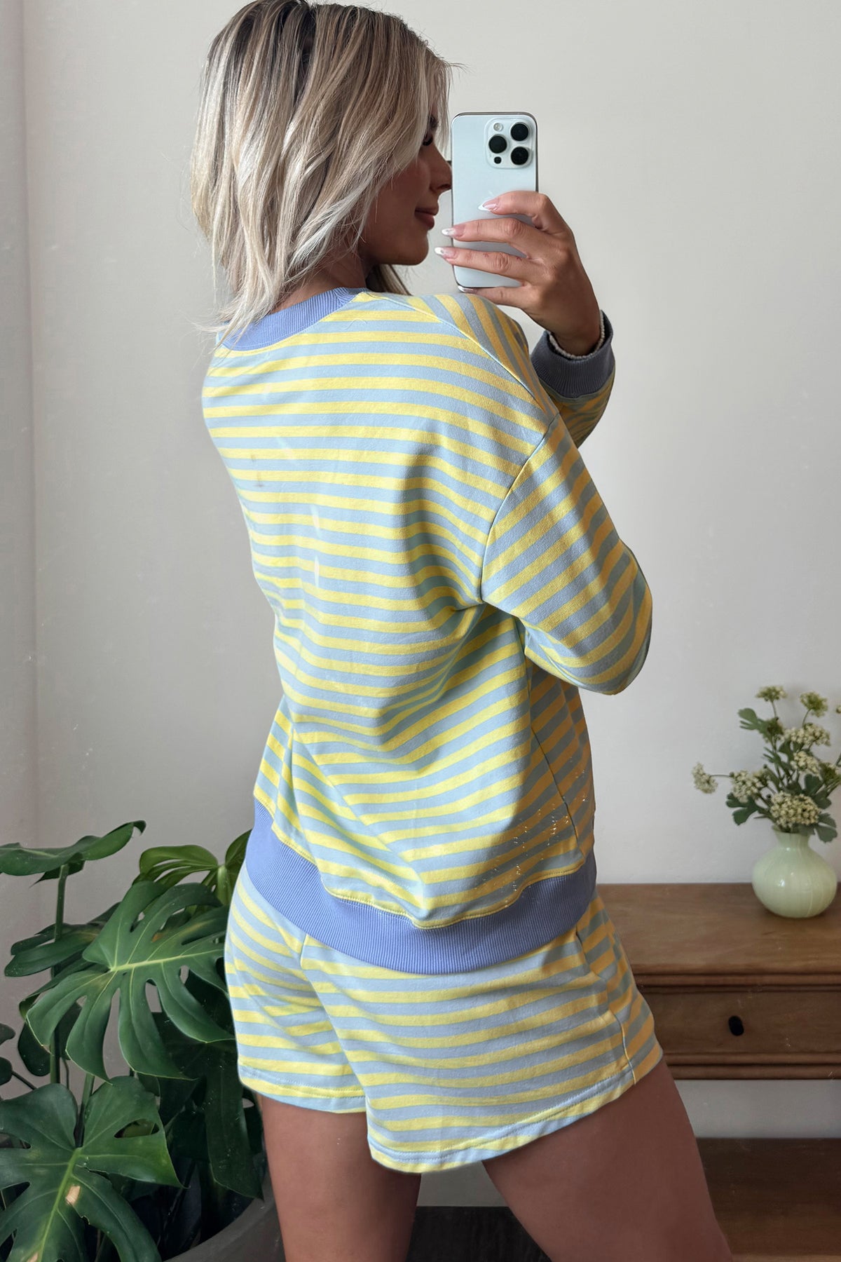 Pink Stripe Color Block Detail Long Sleeve Pullover Elastic Waist Pull On Shorts 2pcs Set