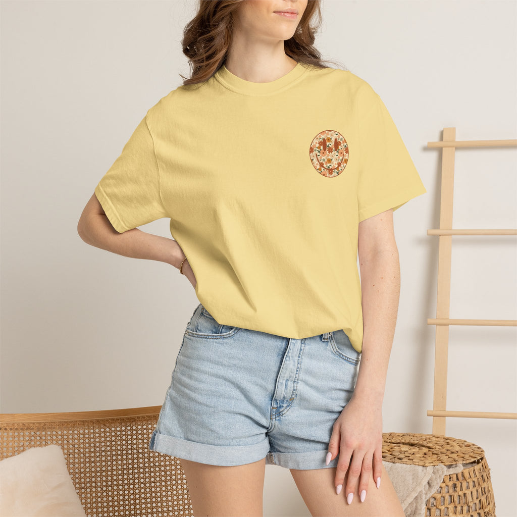 Teacher Assistant Floral Smiley T-Shirt | Retro Typography, Fall Colors