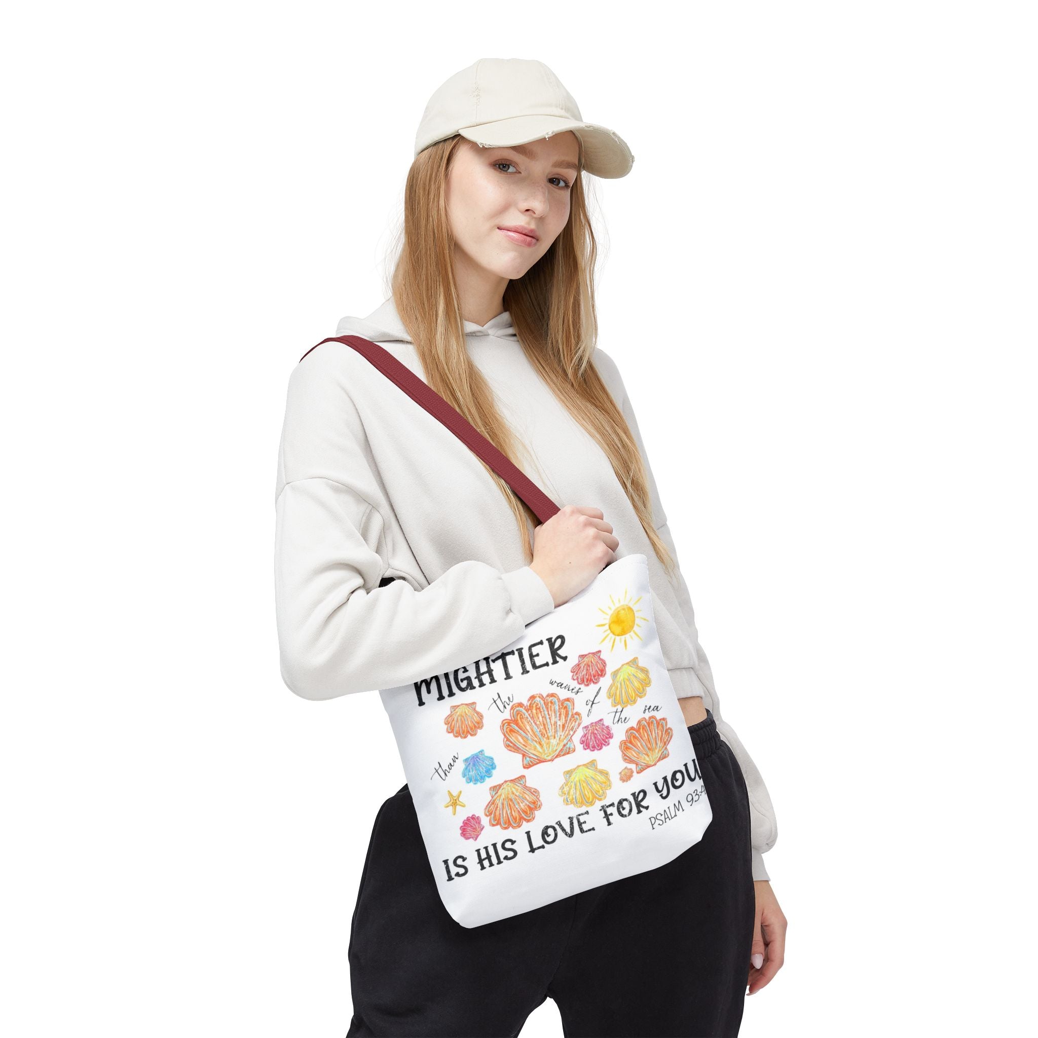 Christian Scripture Tote Bag - "Mightier Is His Love For You" Psalm 93:4 Watercolor Shells