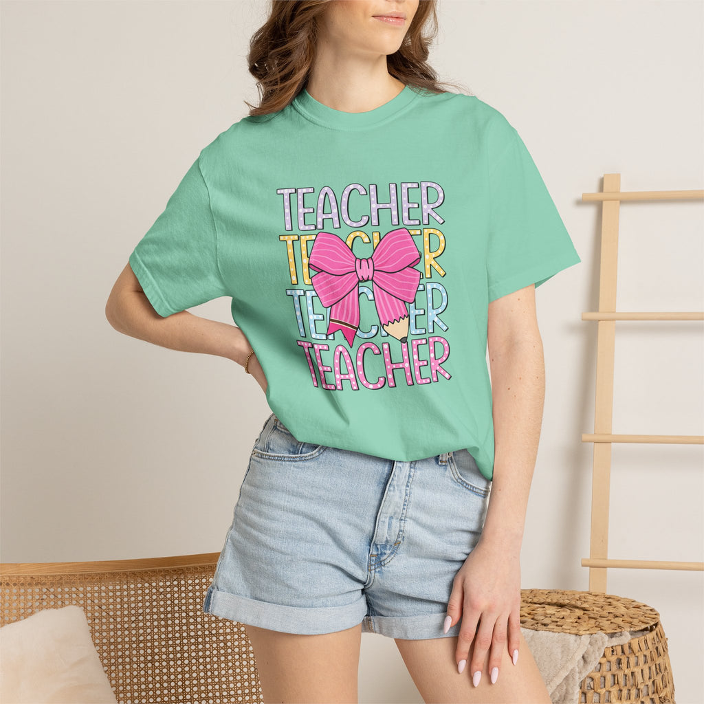 Teacher Stack with Pink Bow T-shirt | Teacher Typography Shirt