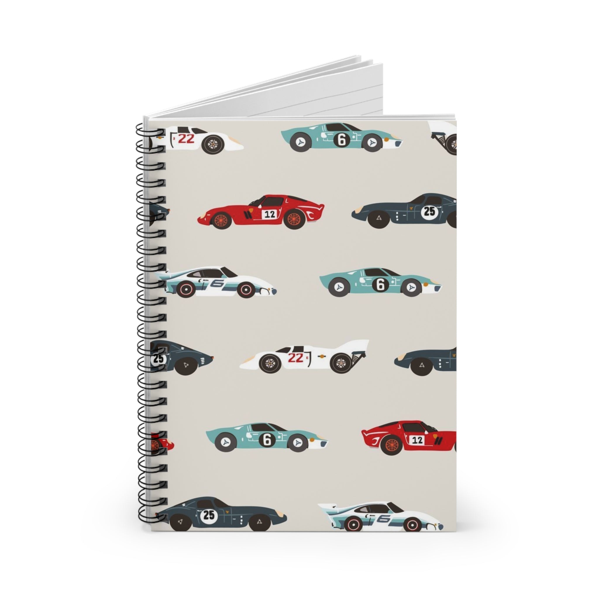 Vintage Racing Cars Spiral Notebook — Retro Sports Car Pattern Ruled Journal