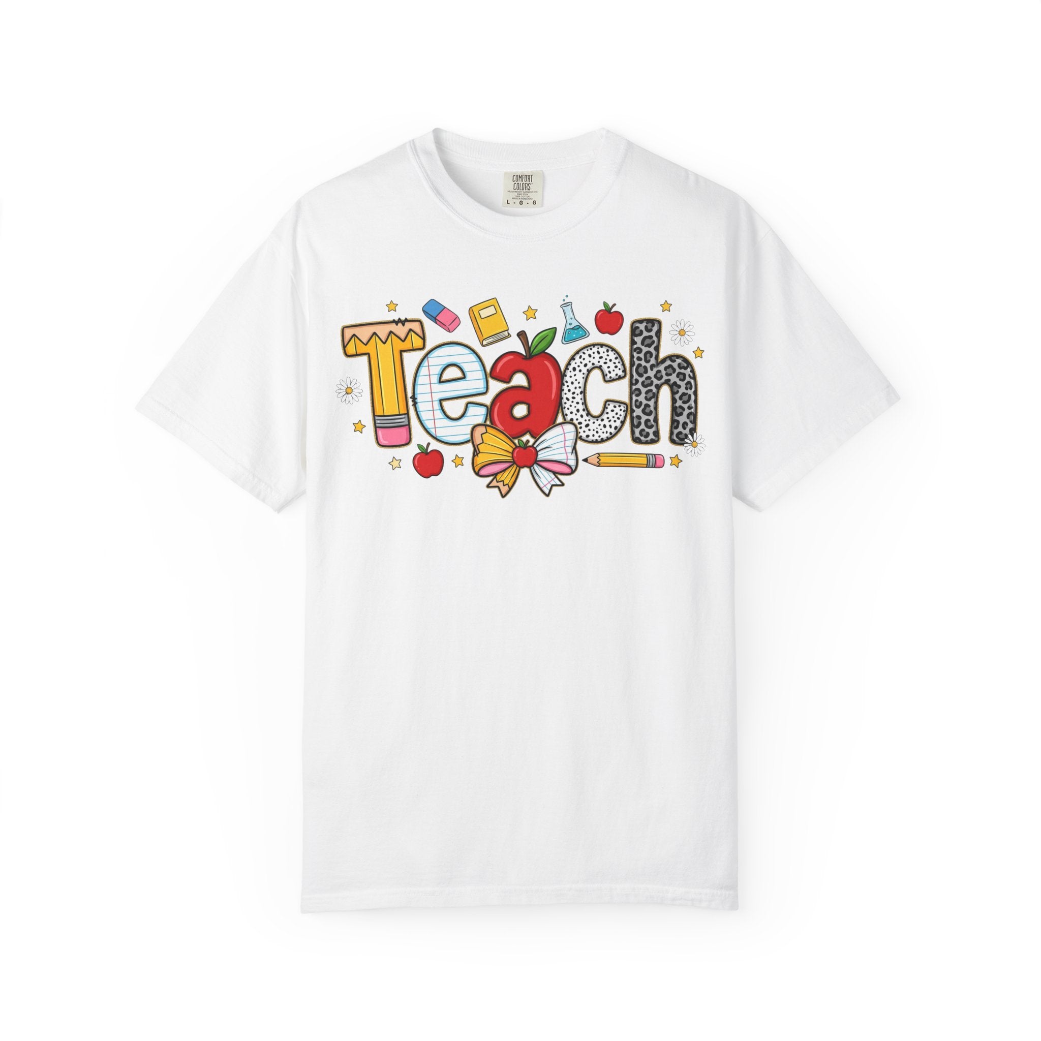 Teach Graphic T-Shirt — Cute School Teacher Gift (Apple, Pencil & Bow Design)