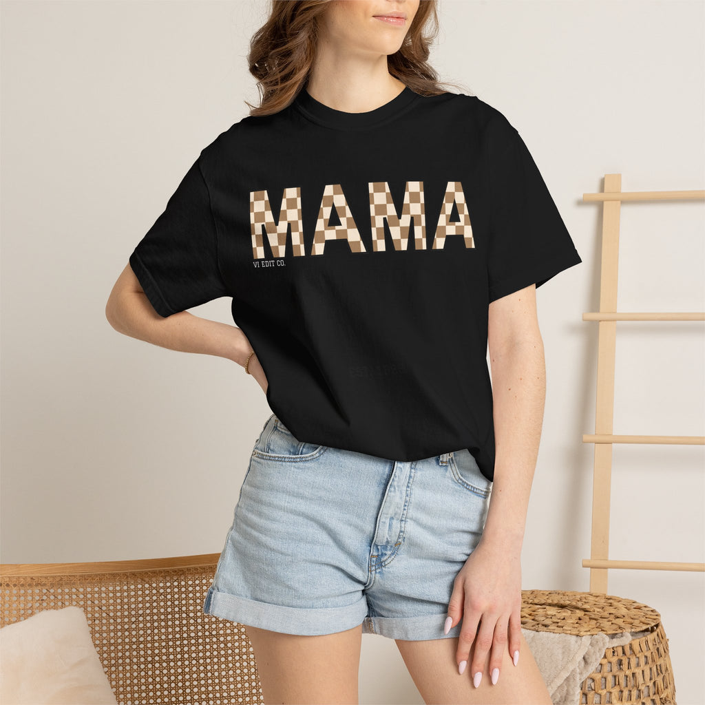 Mama Checkerboard T-Shirt | Mom Typography Tee, Neutral Plaid Letters