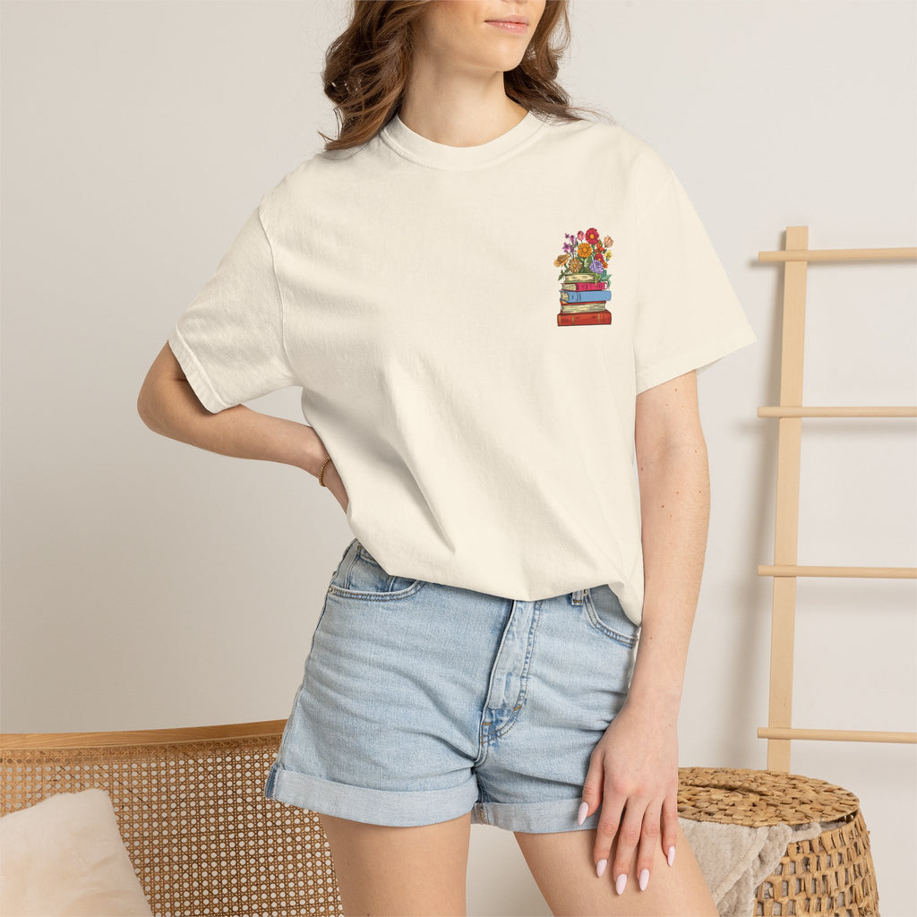Reading Cozy T-Shirt — Floral Stack of Books Design