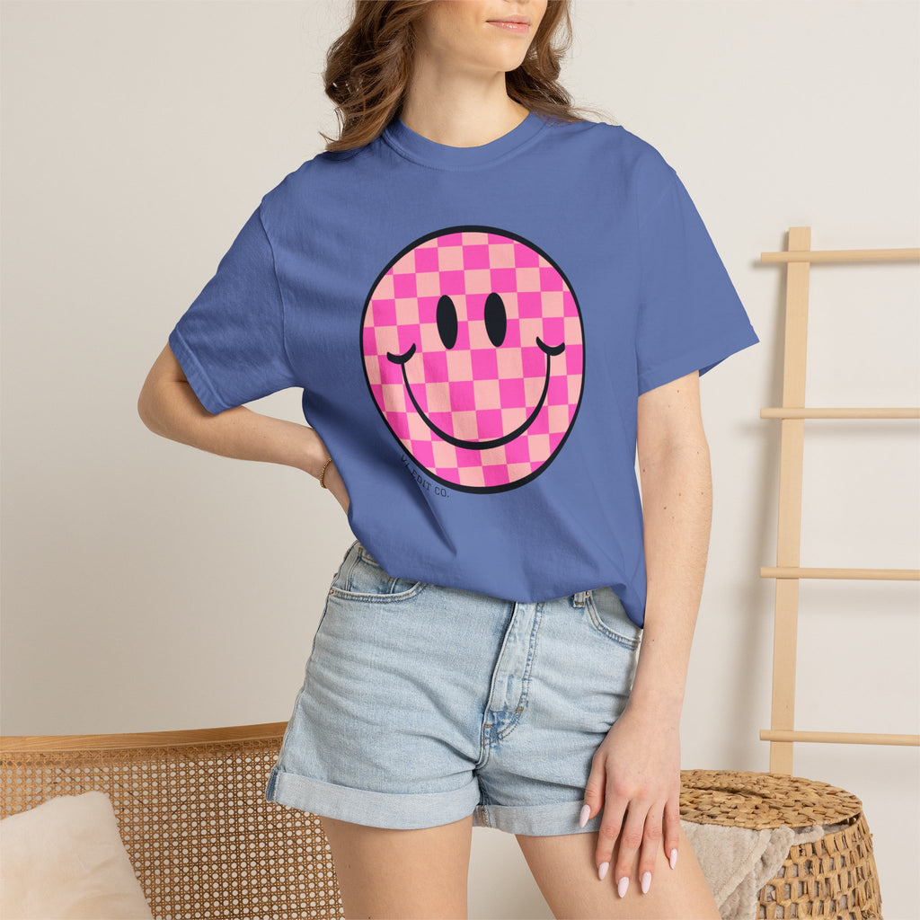 T‑Shirt — "Just a Mama Who Loves Her Girl" Pink Checker Smiley Tee
