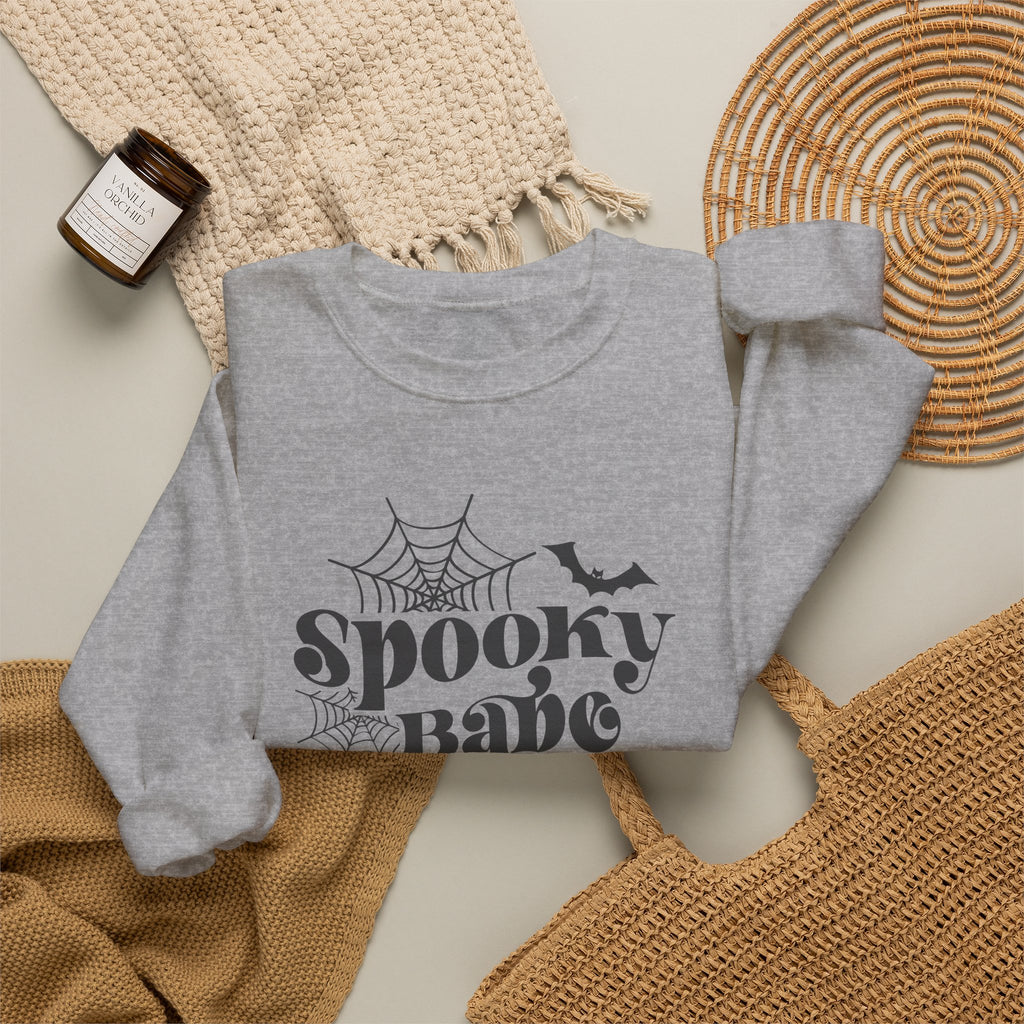 Spooky Babe Sweatshirt — Halloween Spiderweb & Bat Graphic Crewneck
