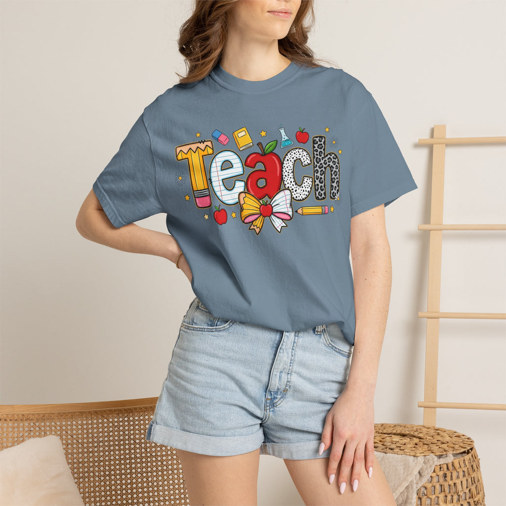 Teach Graphic T-Shirt — Cute School Teacher Gift (Apple, Pencil & Bow Design)
