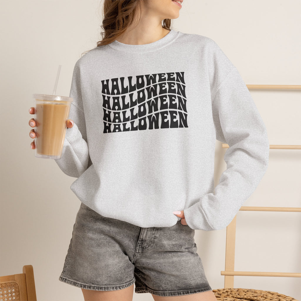 Halloween Repeat Crewneck Sweatshirt — Retro Stacked "Halloween" Graphic