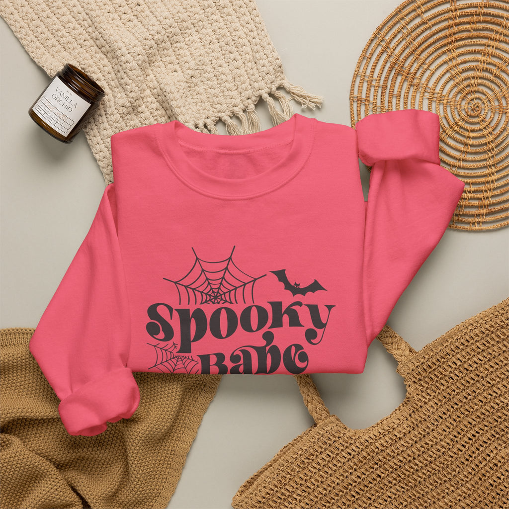 Spooky Babe Sweatshirt — Halloween Spiderweb & Bat Graphic Crewneck
