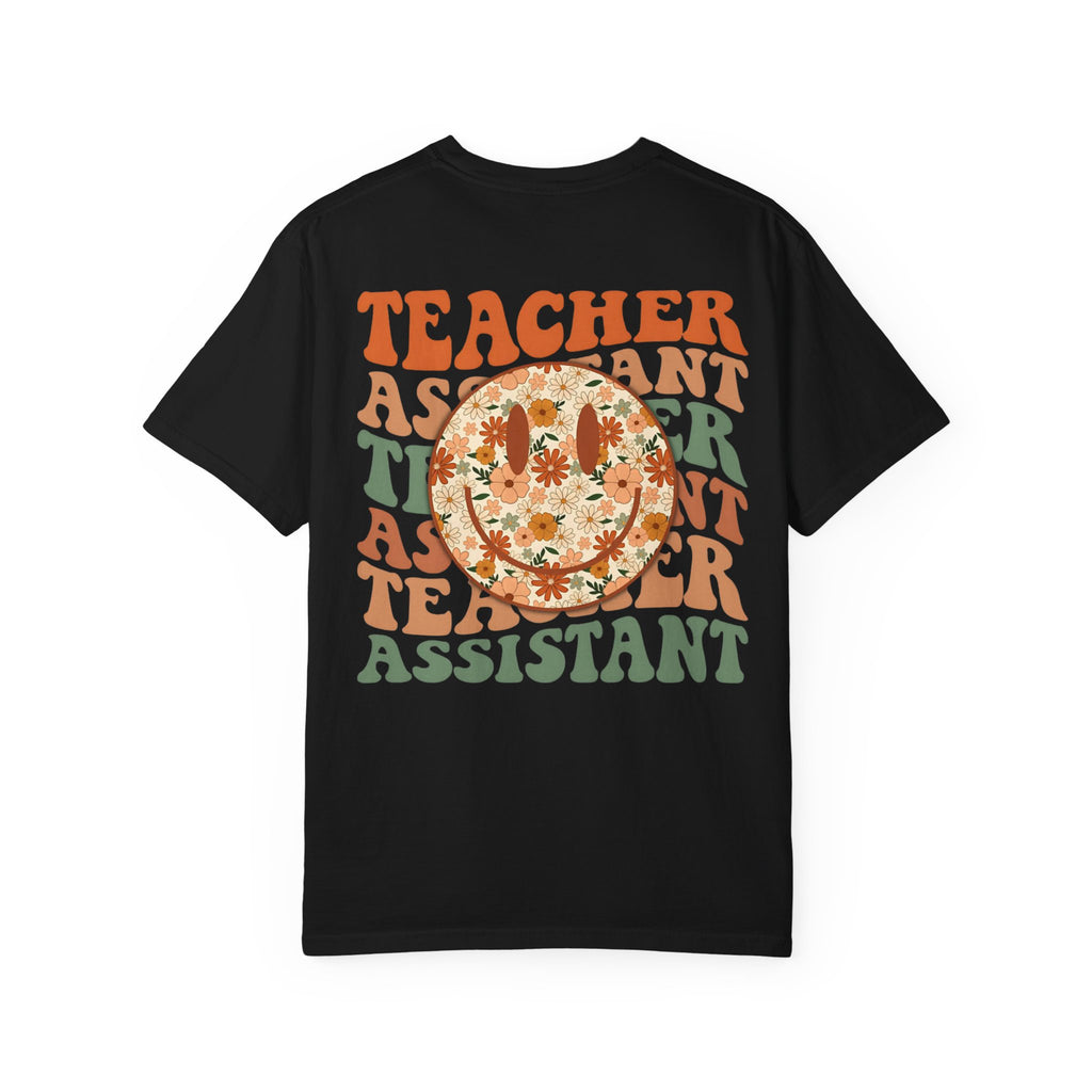 Teacher Assistant Floral Smiley T-Shirt | Retro Typography, Fall Colors
