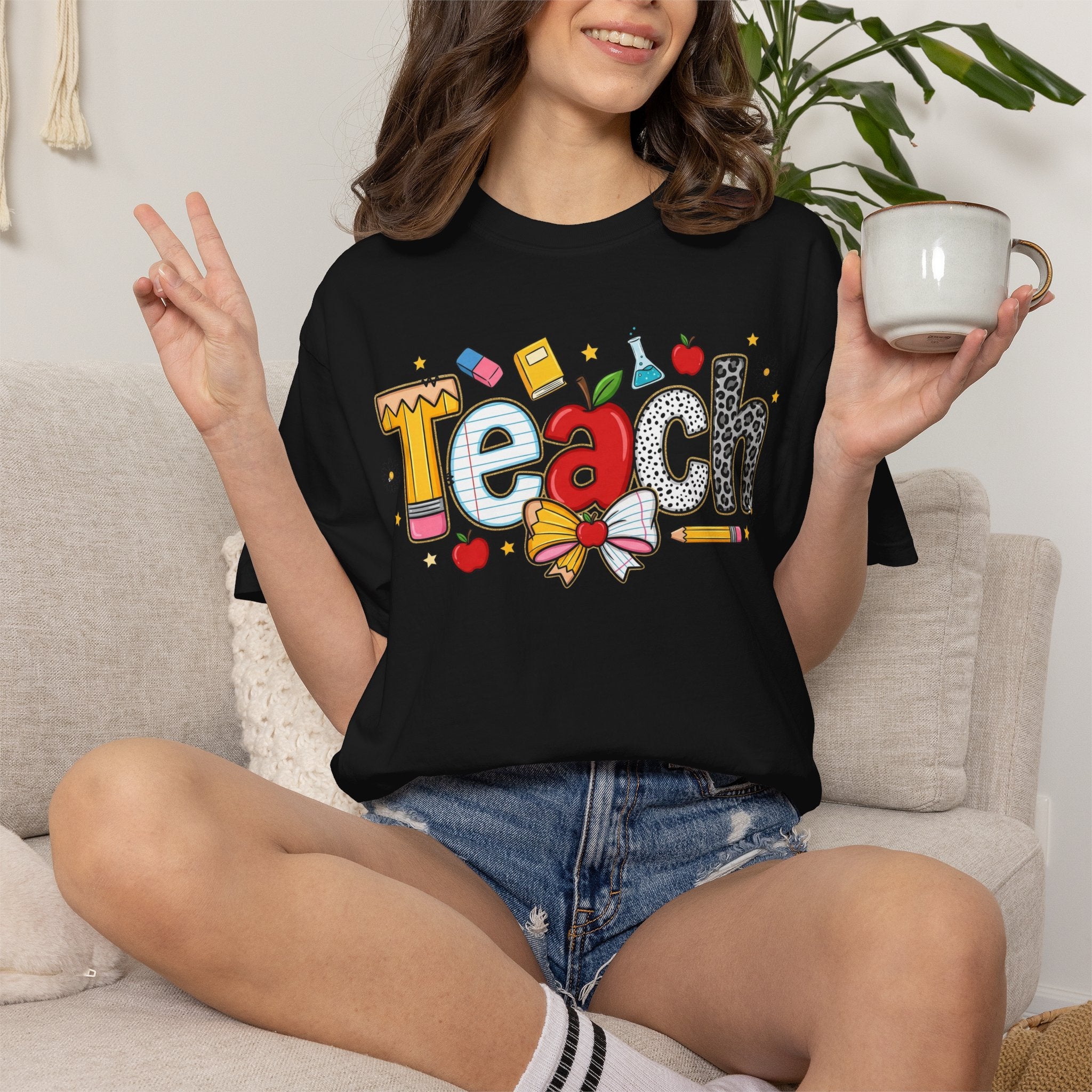 Teach Graphic T-Shirt — Cute School Teacher Gift (Apple, Pencil & Bow Design)