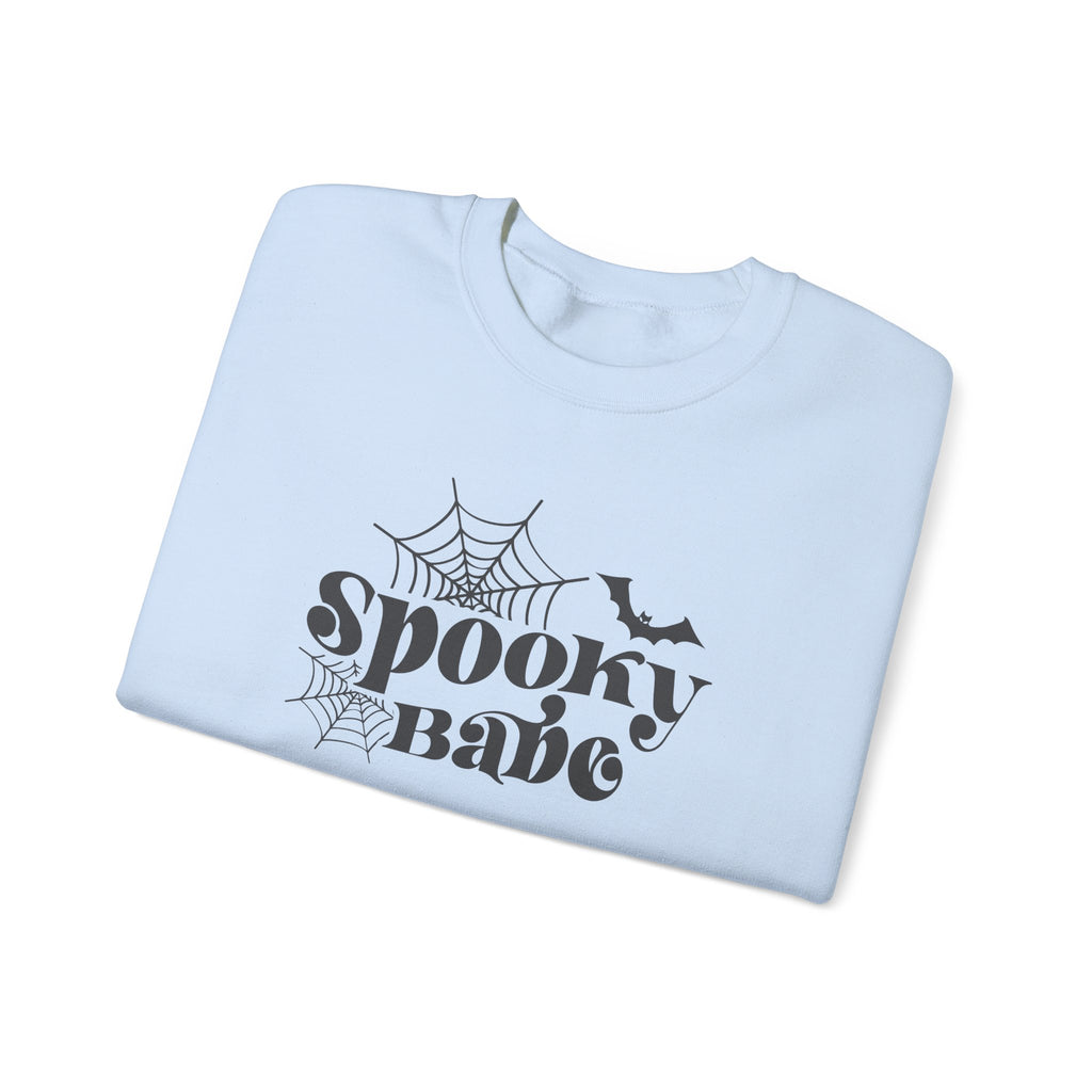 Spooky Babe Sweatshirt — Halloween Spiderweb & Bat Graphic Crewneck