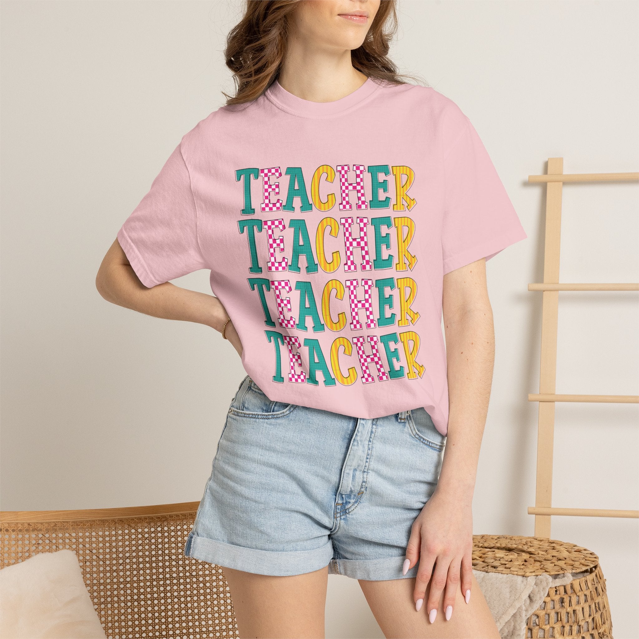 Teacher Repeat Pattern T-Shirt — Colorful Back-to-School Gift