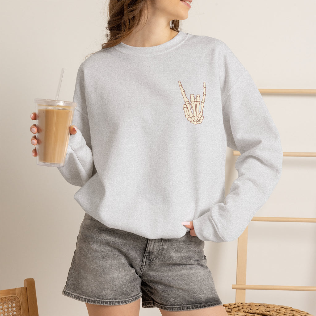 Halloweentown University Crewneck Sweatshirt — Skeleton Hand Rock On Pullover