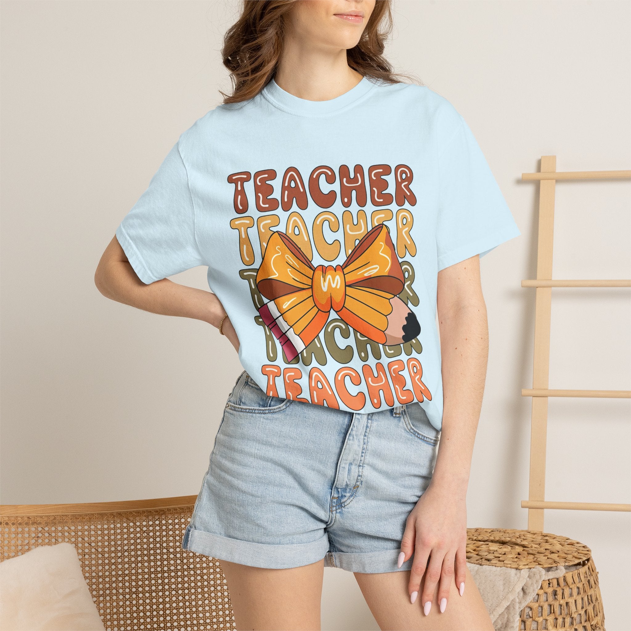 Teacher Bow Graphic T-Shirt — Cute Pencil & Ribbon Teacher Shirt for Educators