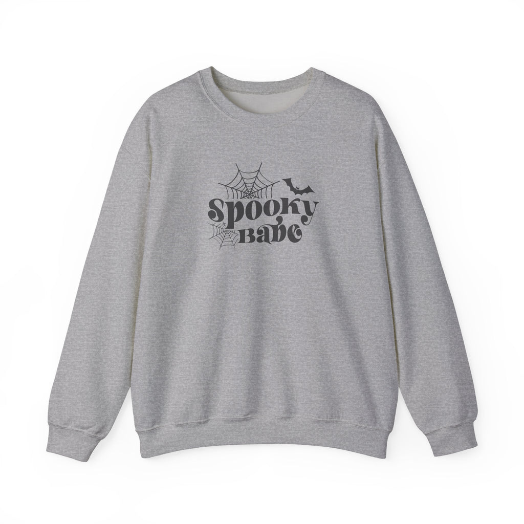Spooky Babe Crewneck Sweatshirt — Halloween Spiderweb & Bat Graphic