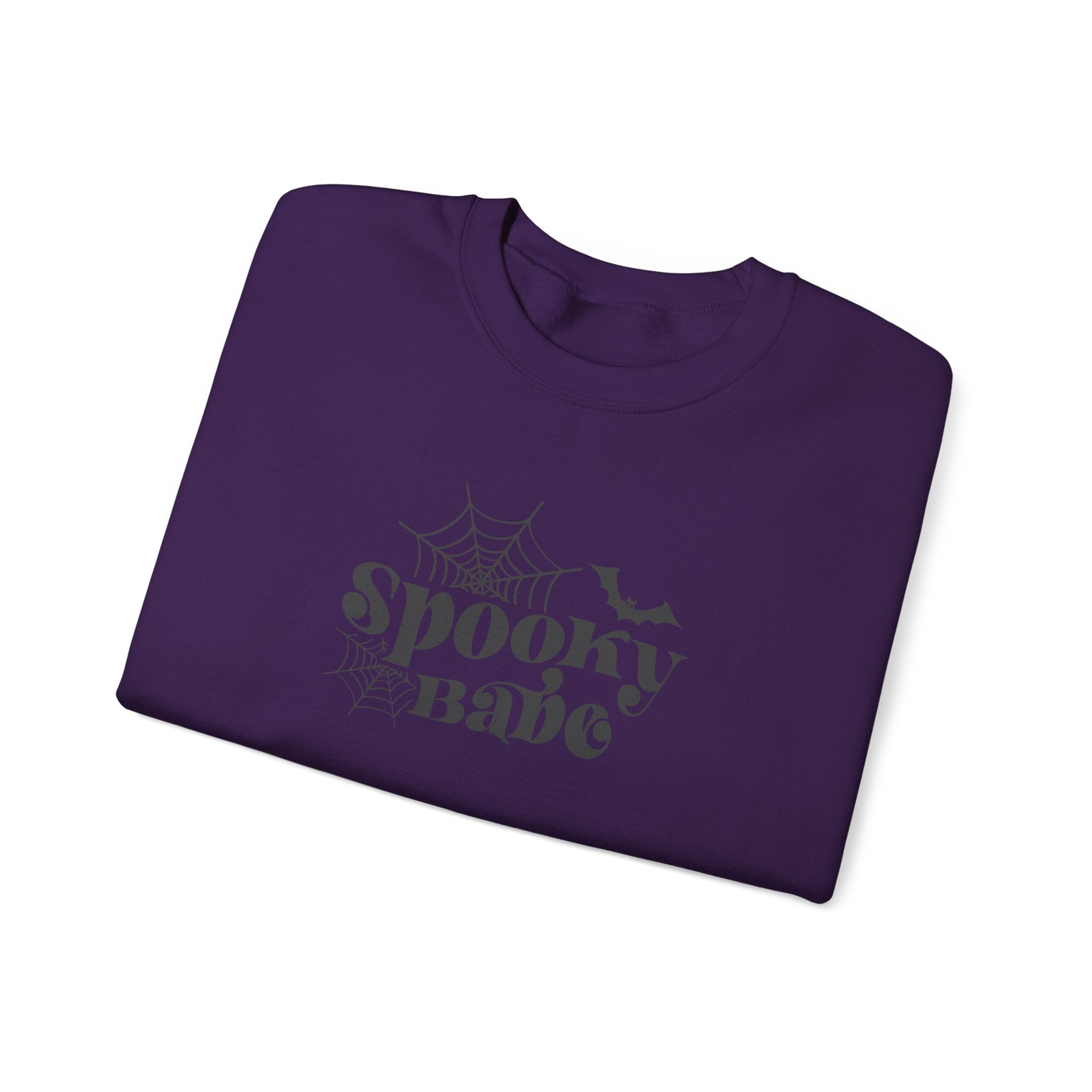 Spooky Babe Crewneck Sweatshirt — Halloween Spiderweb & Bat Graphic