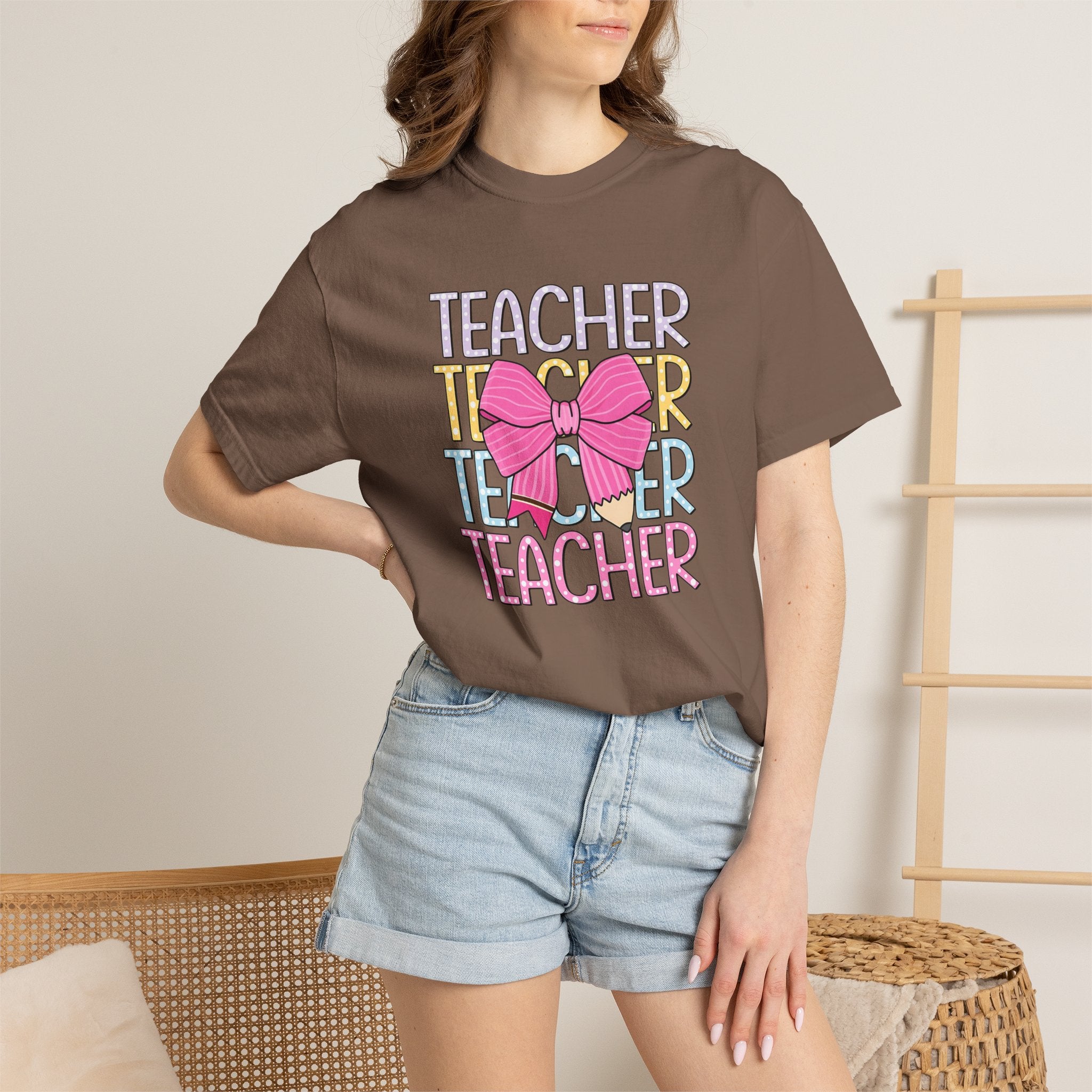 Teacher Stack with Pink Bow T-shirt | Teacher Typography Shirt