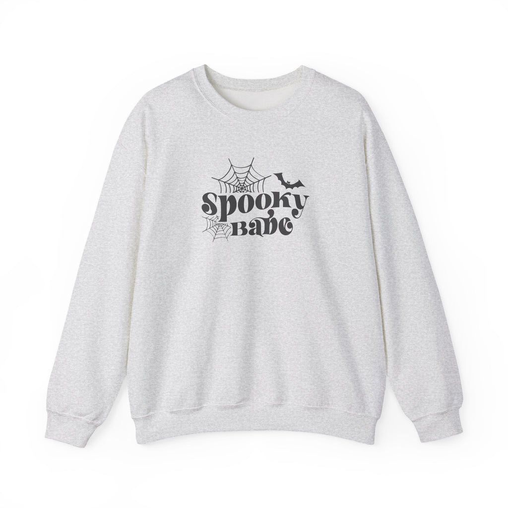 Spooky Babe Crewneck Sweatshirt — Halloween Spiderweb & Bat Graphic