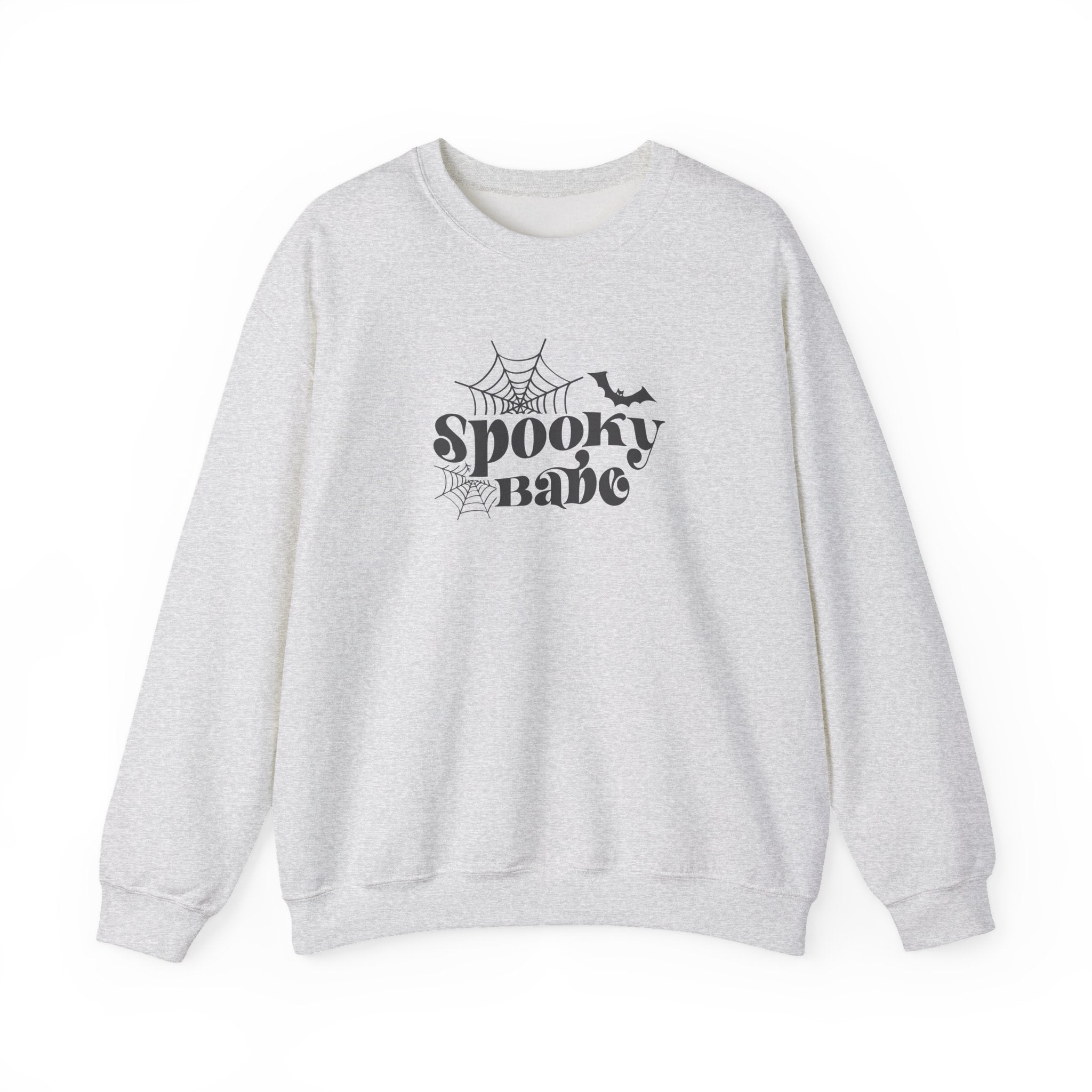Spooky Babe Crewneck Sweatshirt — Halloween Spiderweb & Bat Graphic