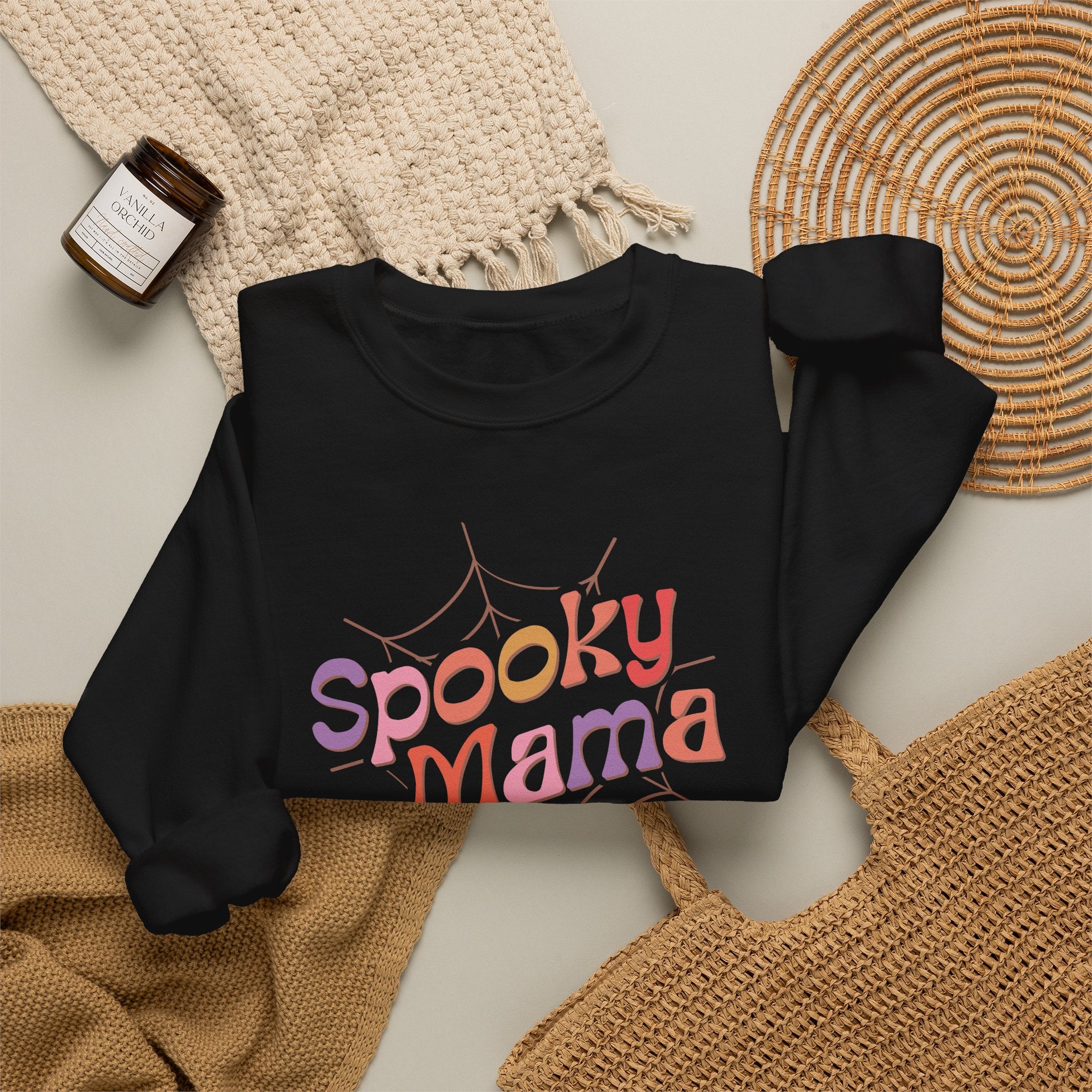 Spooky Mama Sweatshirt — Halloween Mom Crewneck with Retro Spiderweb Design