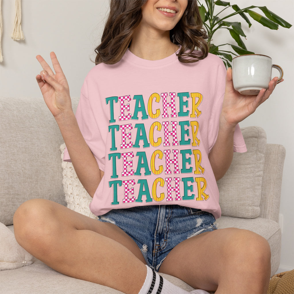 Teacher Repeat Pattern T-Shirt — Colorful Back-to-School Gift