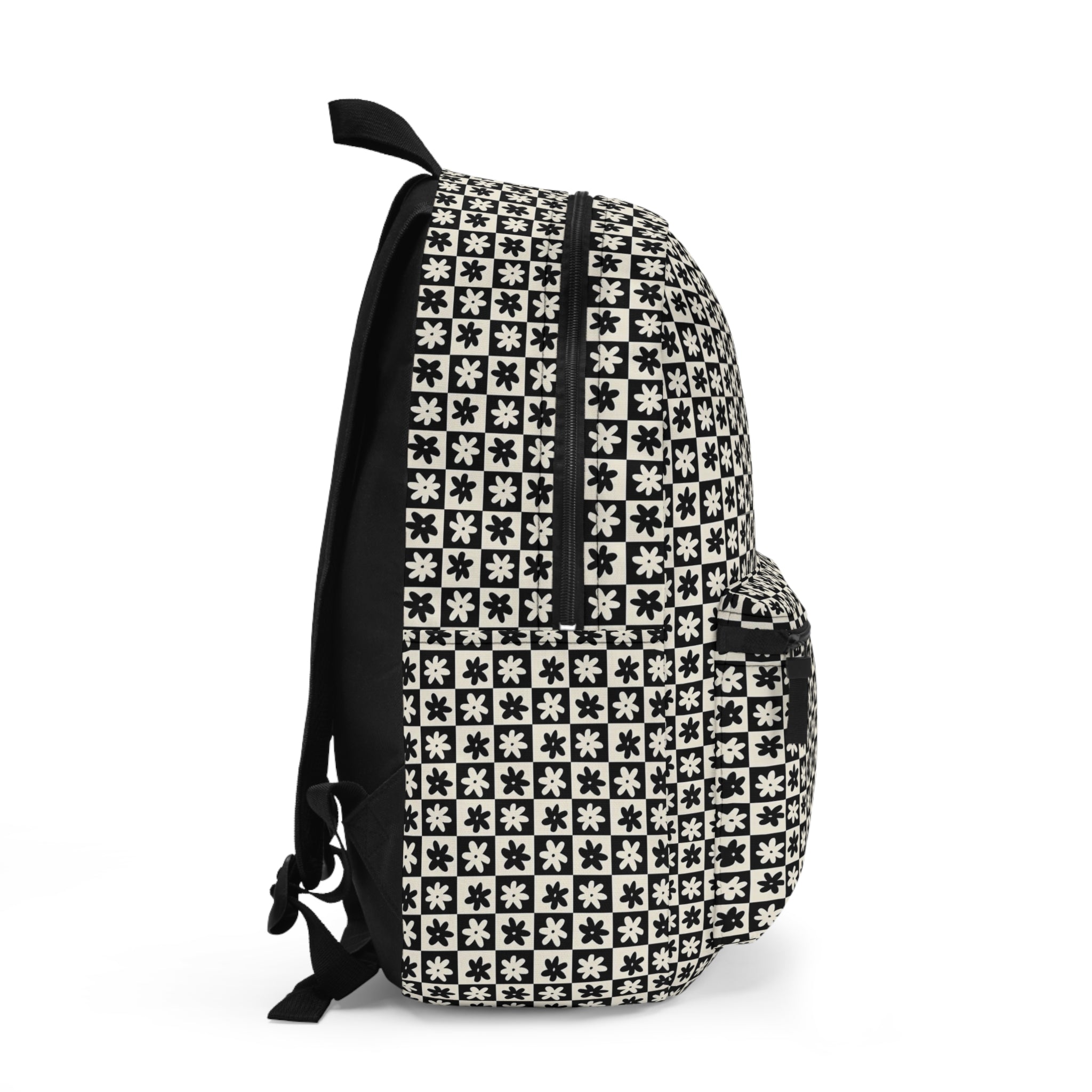 Classic Geometric Black & White Backpack — Floral Tile Pattern