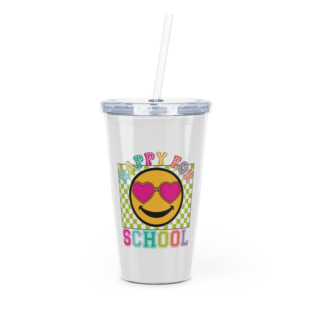 Happy for School Plastic Tumbler with Straw — Back-to-School Emoji Drink Cup